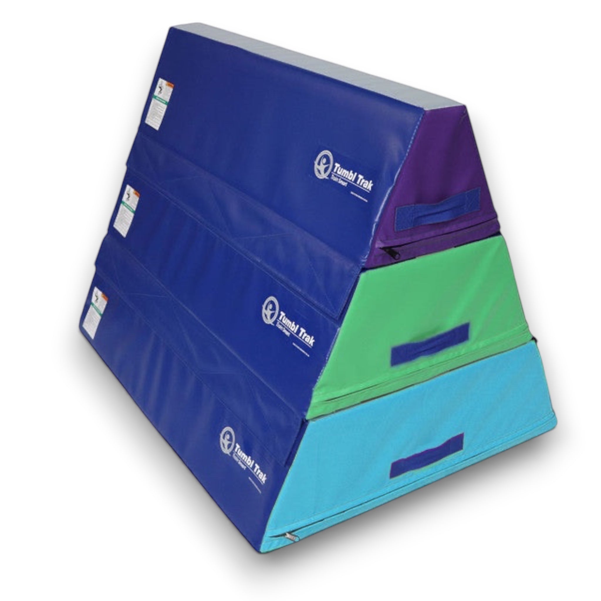 UK Gym Pits Tumbl Trak pyramid beam blocks stacked in blue, green, and teal for gymnastics balance training