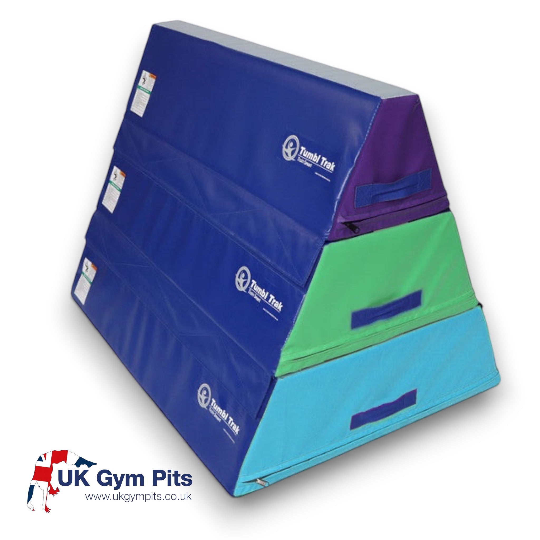 UK Gym Pits Tumbl Trak pyramid beam blocks stacked in blue, green, and teal foam for gymnastics balance training.