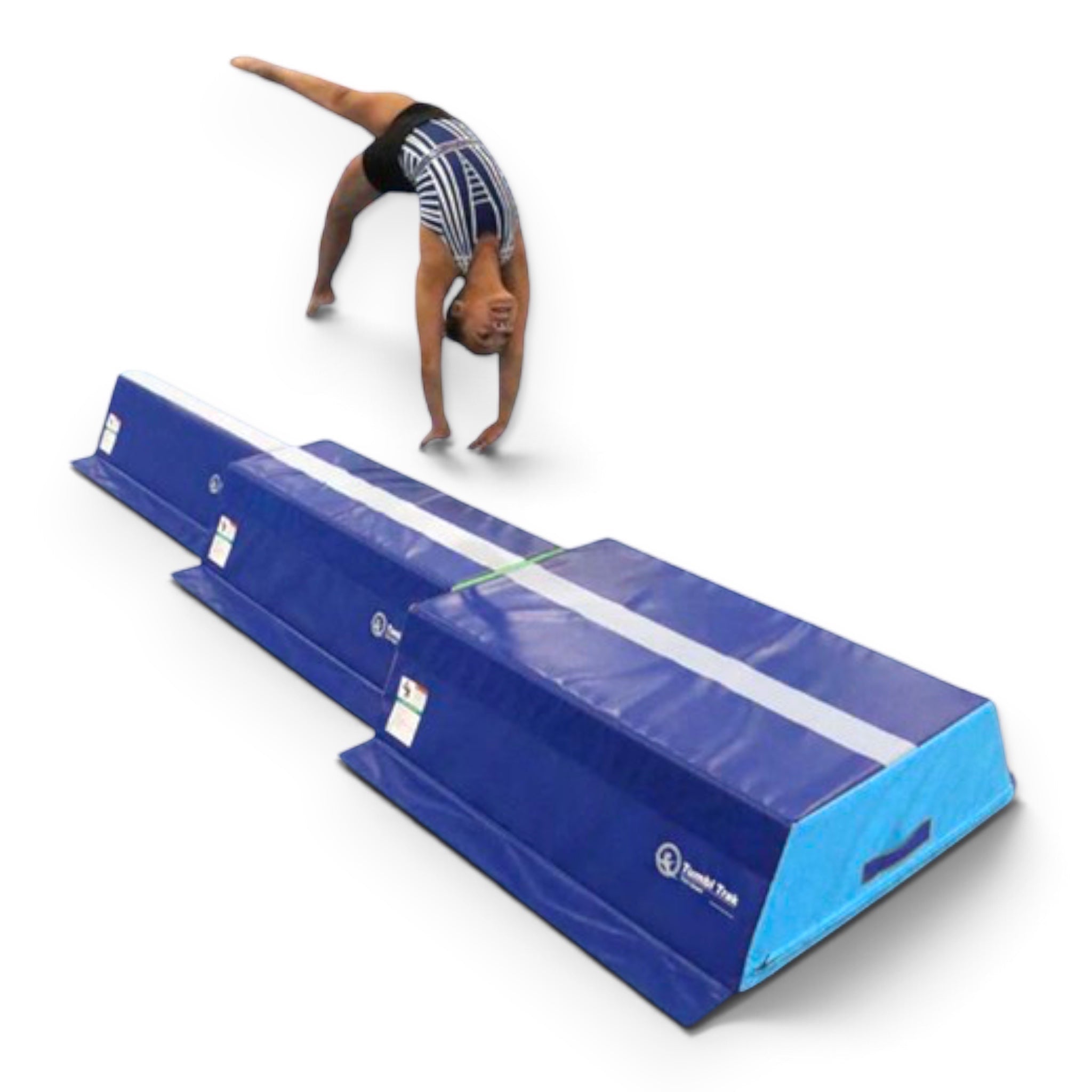 UK Gym Pits Tumbl Trak pyramid beam blocks with a gymnast performing a back handspring on the blue foam training surface