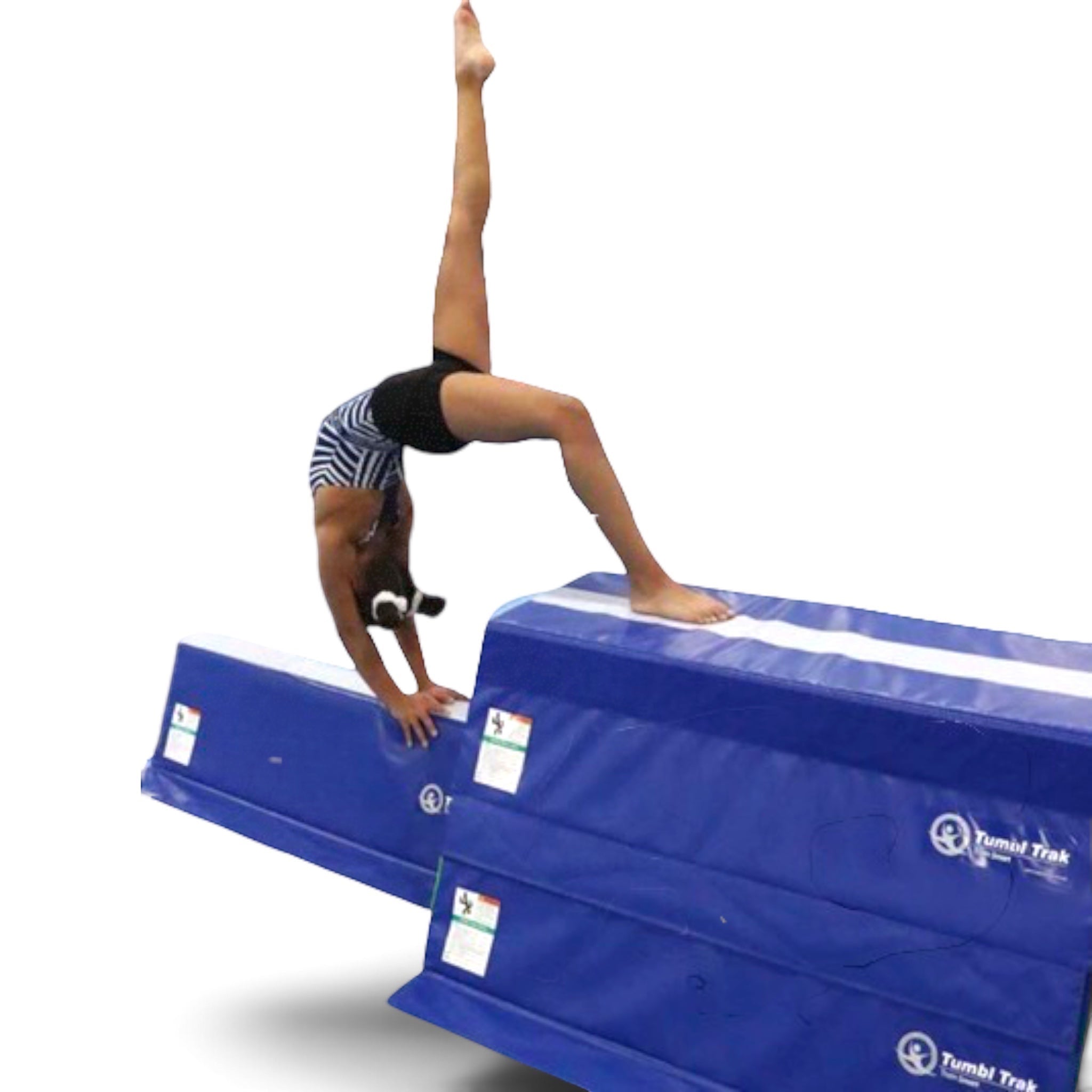 UK Gym Pits Tumbl Trak pyramid beam blocks with a gymnast performing a back walkover on the blue foam training surface