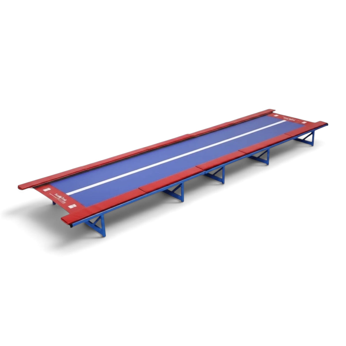 UK Gym Pits Tumbl Trak replacement bed featuring a blue jumping surface with a white center line and red side pads.
