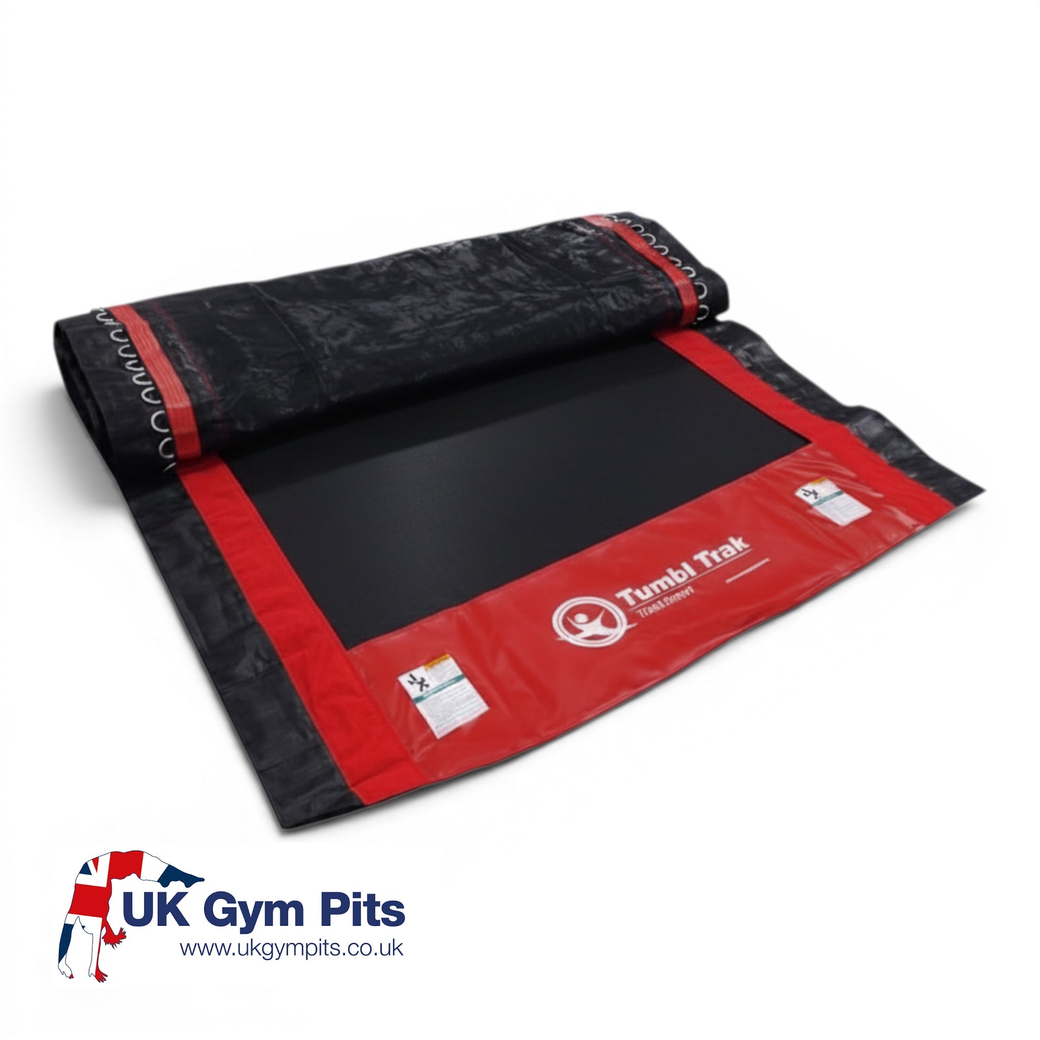 UK Gym Pits Tumbl Trak replacement bed in black and red, 9 metre long durable gymnastic mat material.