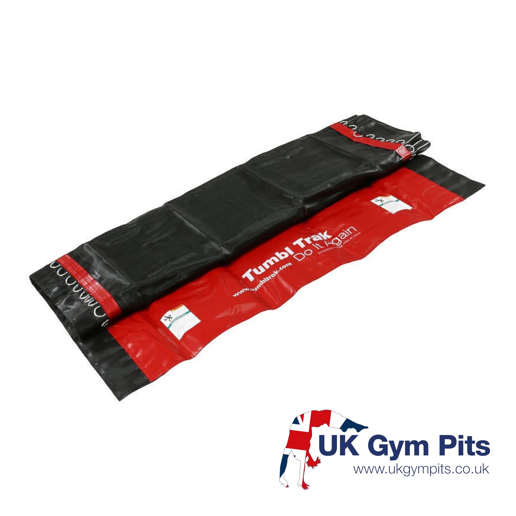UK Gym Pits 9 metre Tumbl Trak replacement bed in black and red, featuring durable material for gymnastics equipment.