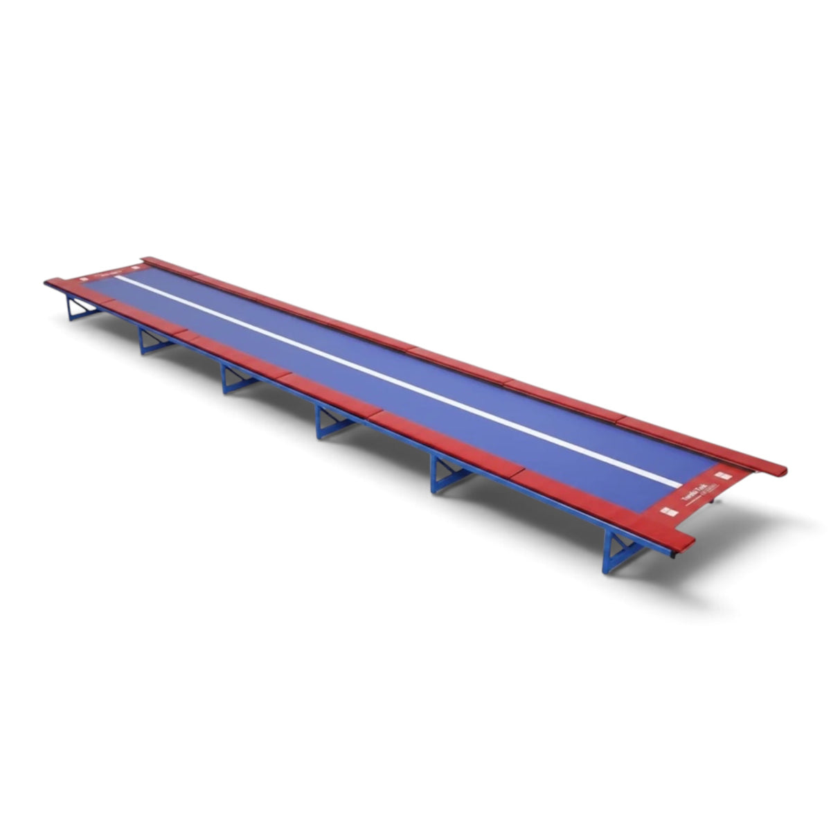 UK Gym Pits Tumbl Trak replacement bed with blue jumping surface and red padded frame for gymnastics training