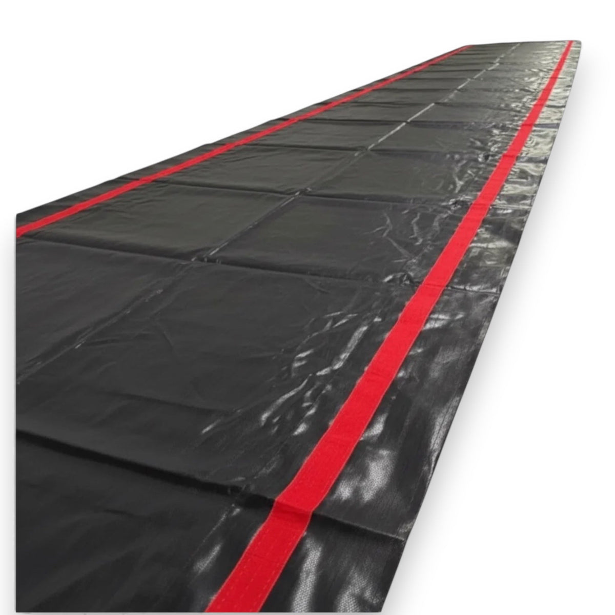 UK Gym Pits black replacement bed for Tumbl Trak featuring a durable surface with a central red guide line