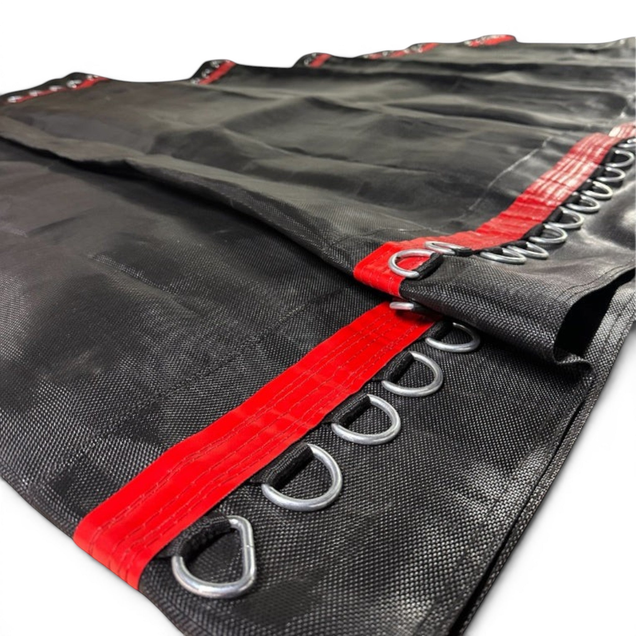 UK Gym Pits 9 metre Tumbl Trak replacement bed in black with red trim and metal spring attachment rings