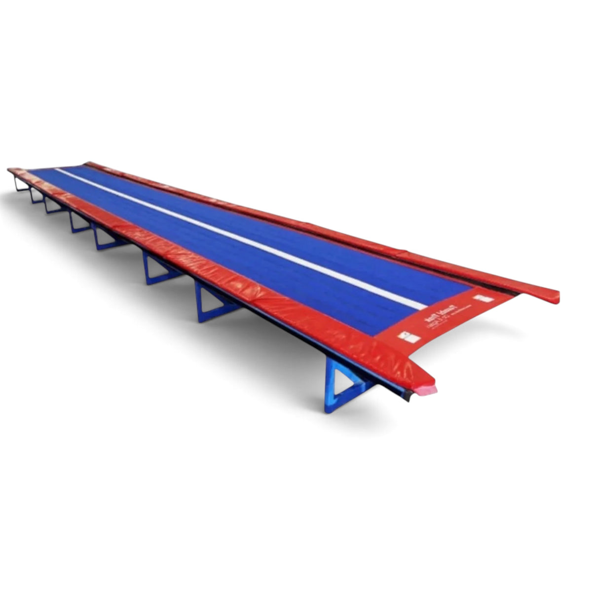 UK Gym Pits Tumbl Trak replacement bed featuring a blue jumping surface with a white center line and red side pads.