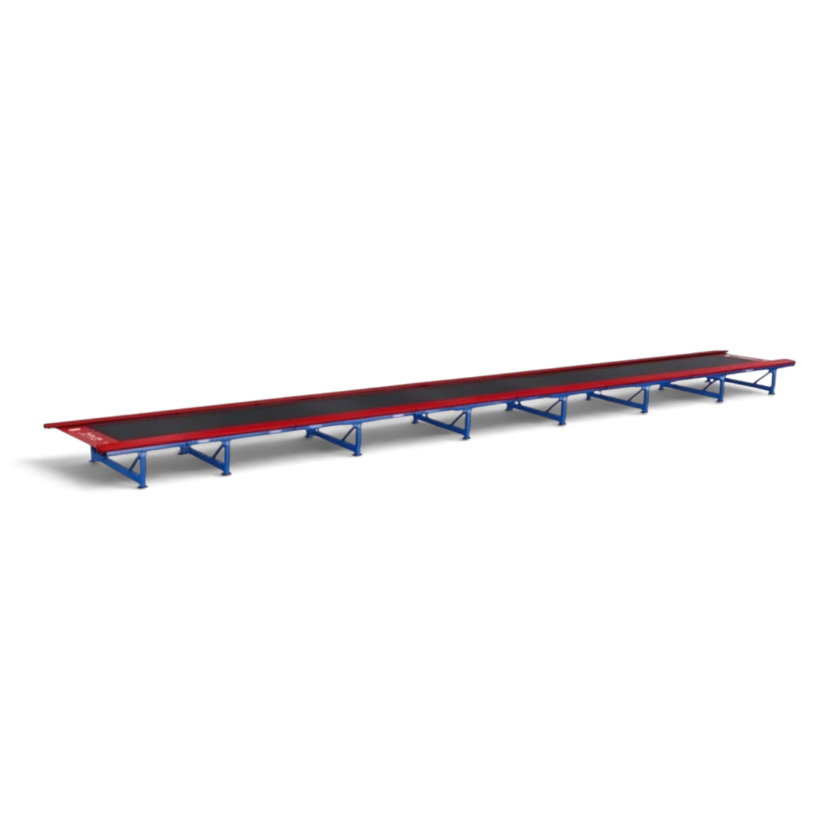 UK Gym Pits Tumbl Trak replacement bed featuring a long black jumping surface with red side padding and blue frame