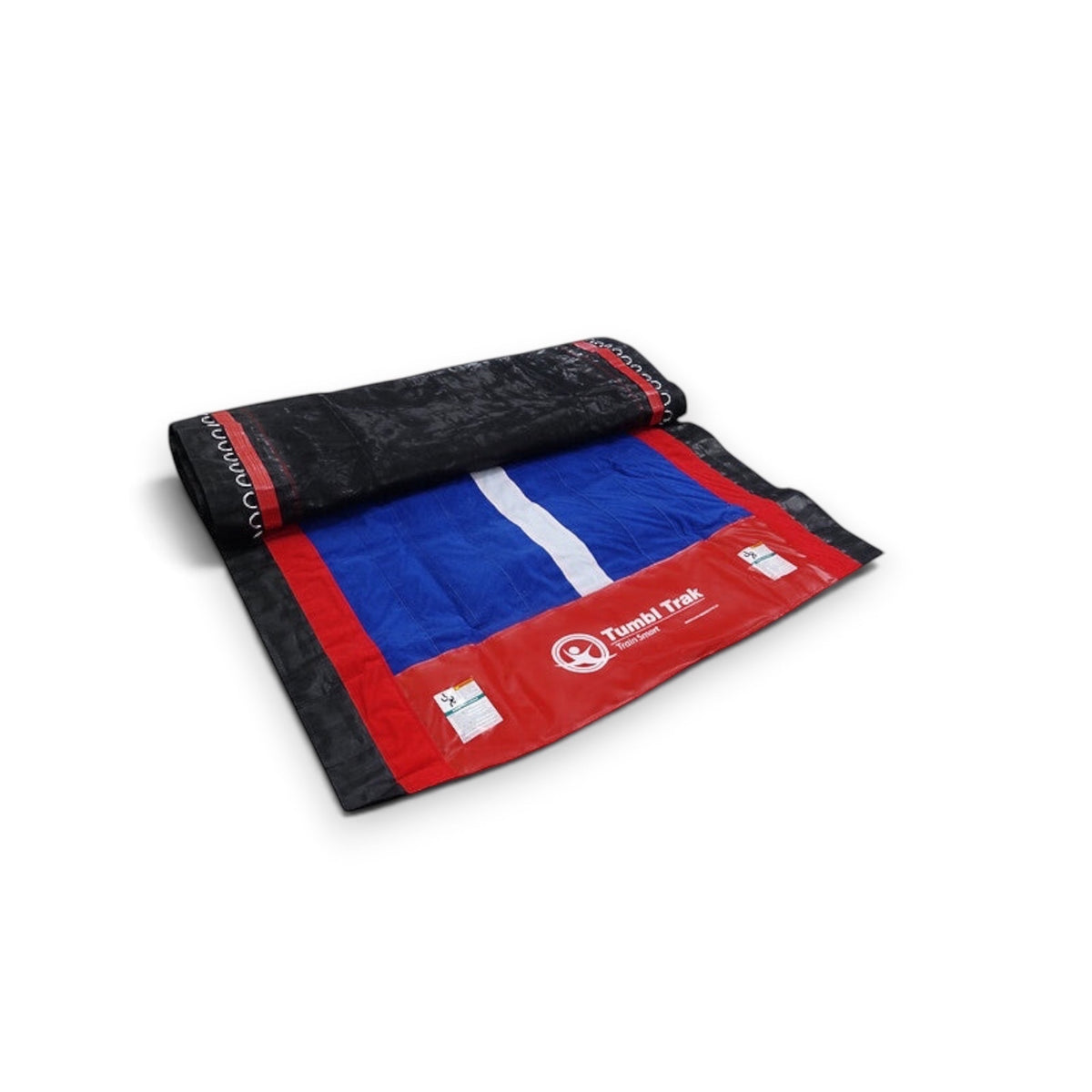 UK Gym Pits Tumbl Trak replacement bed featuring a blue center, red border, and black edges on a white background.