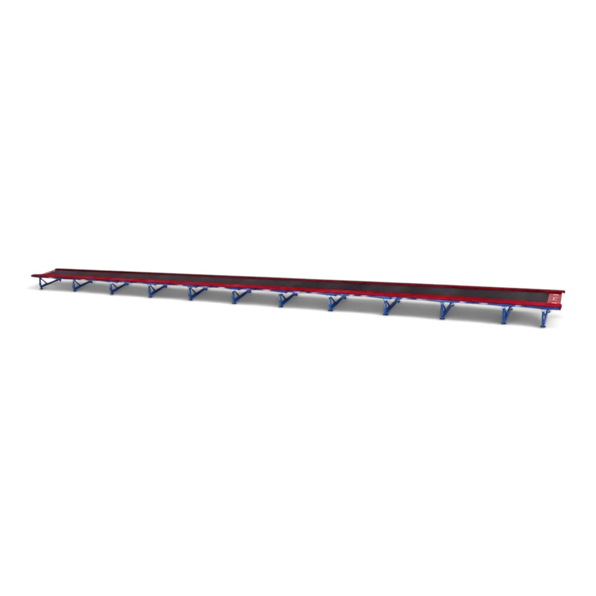 UK Gym Pits Tumbl Trak replacement bed featuring a long black jumping surface with red trim and blue metal frame