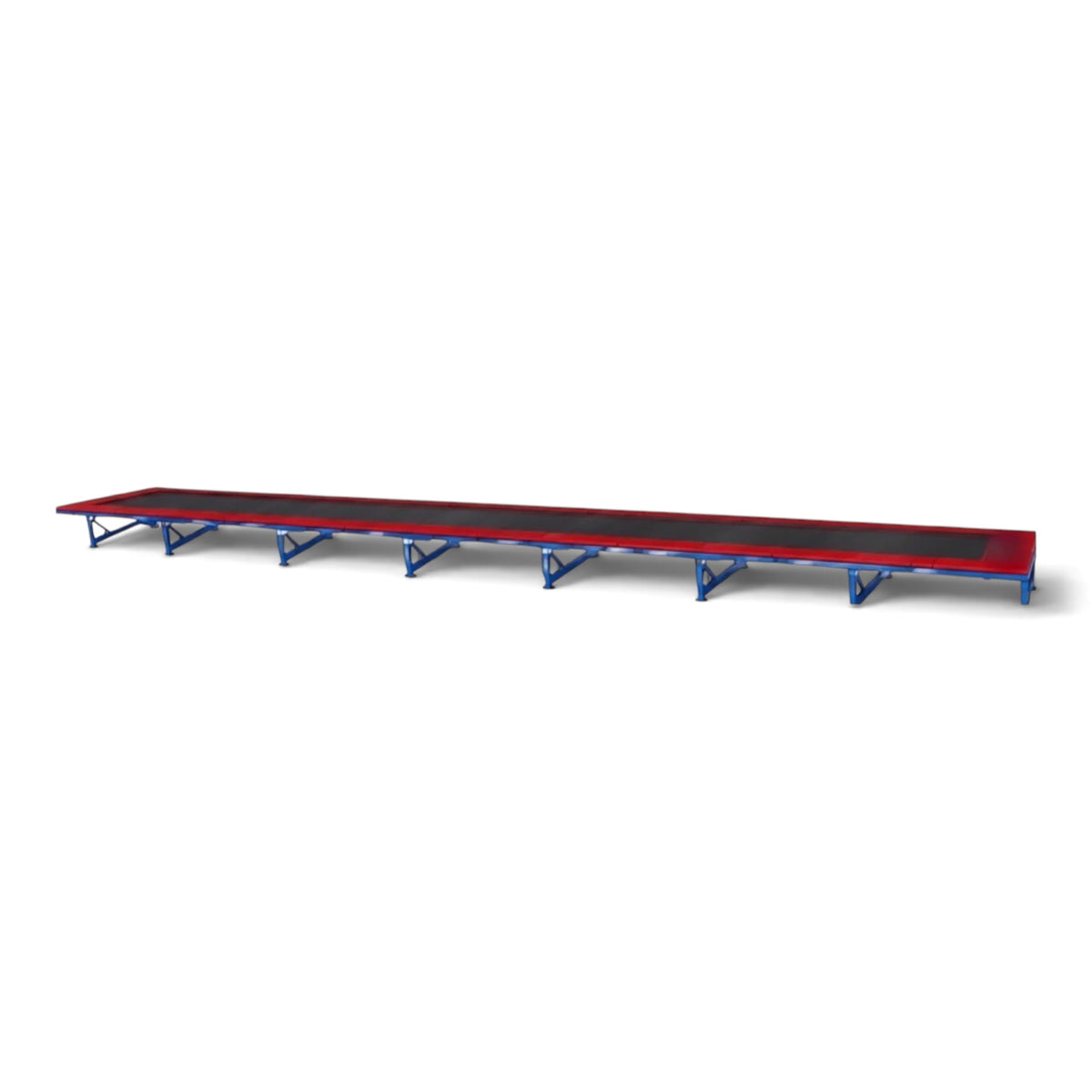 UK Gym Pits Tumbl Trak replacement bed featuring a durable black jumping surface and red frame padding.