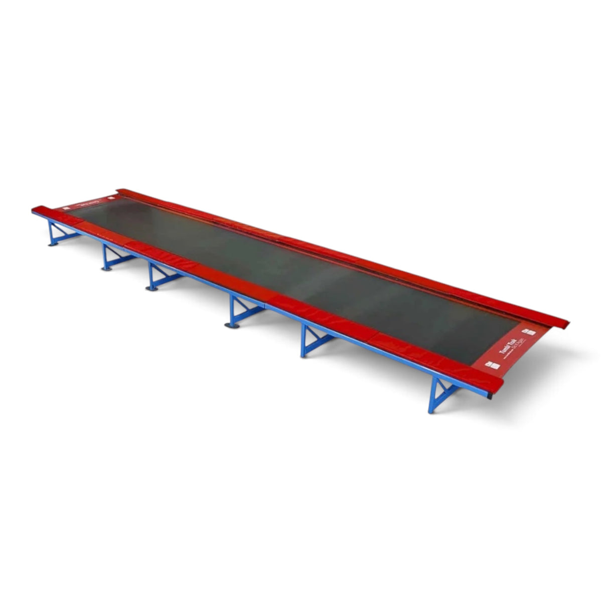 UK Gym Pits Tumbl Trak replacement bed featuring a durable black jumping surface and red frame padding