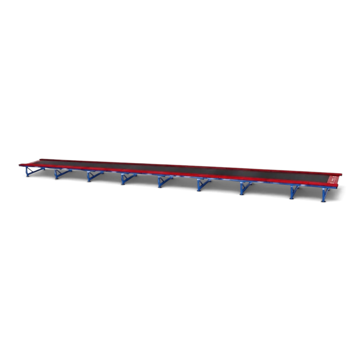 UK Gym Pits Tumbl Trak replacement bed featuring a durable black jumping surface with red trim on a blue frame.