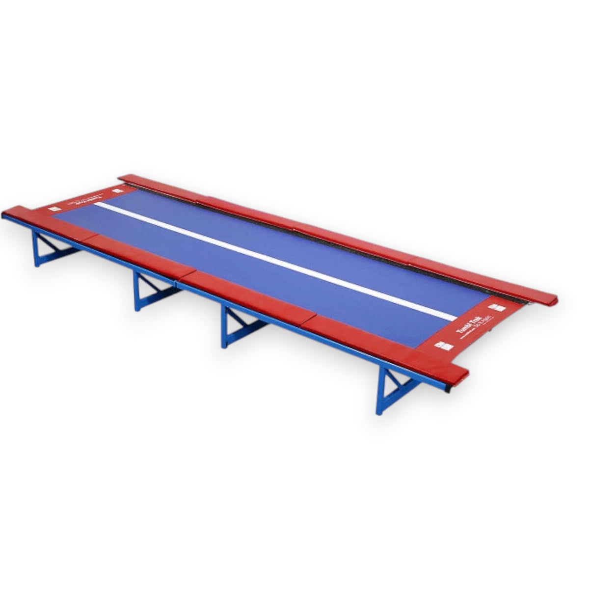 UK Gym Pits Tumbl Trak replacement red frame pads on a blue gymnastics track section