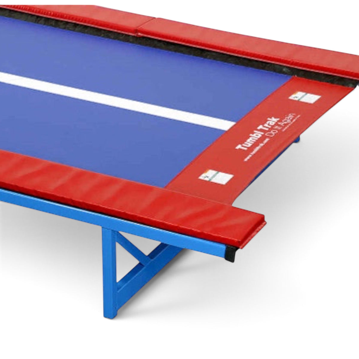 UK Gym Pits Tumbl Trak replacement red frame pads installed on a blue gymnastics track