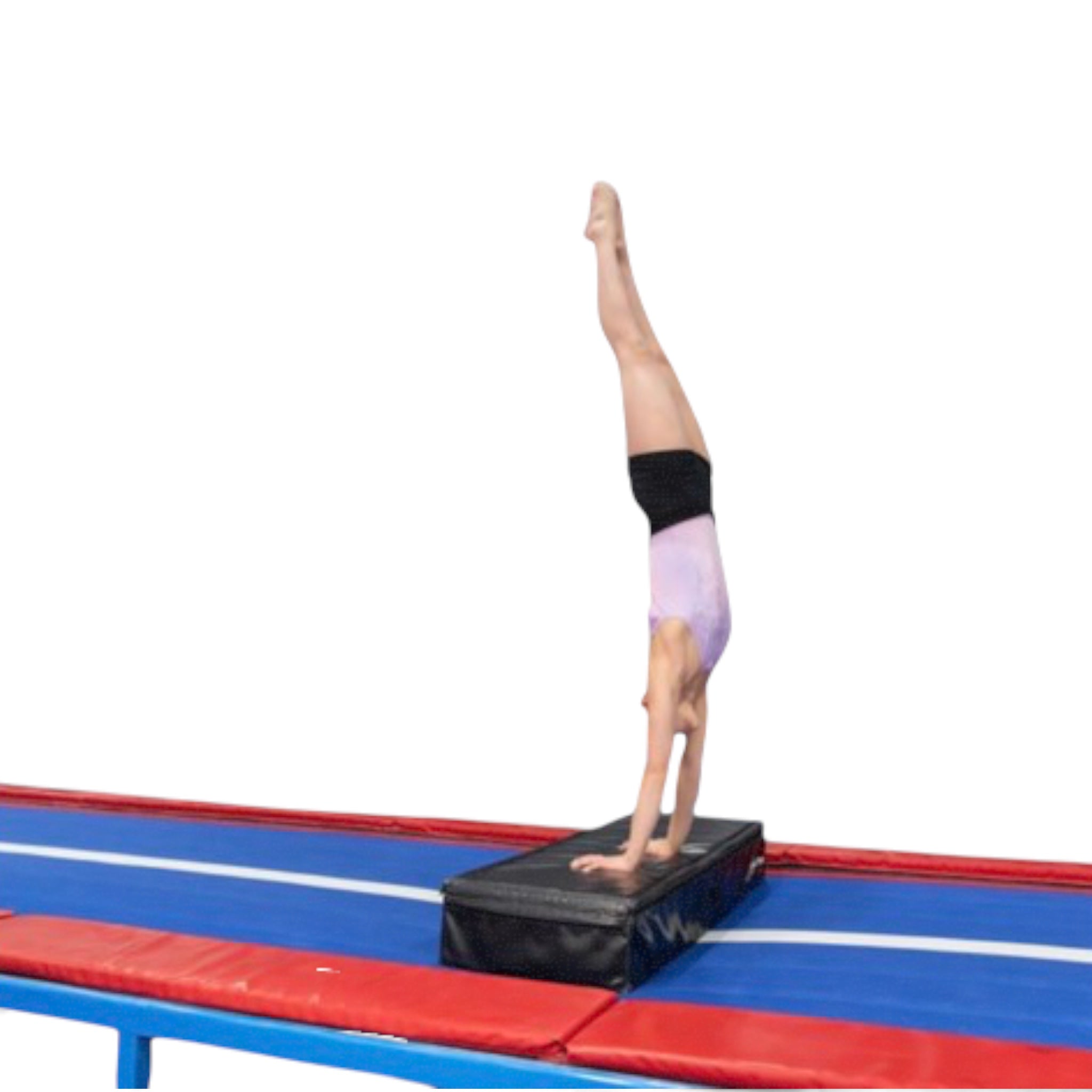 Gymnast performing a handstand on a UK Gym Pits Tumbl Trak Transition with a black vault block and white center line.
