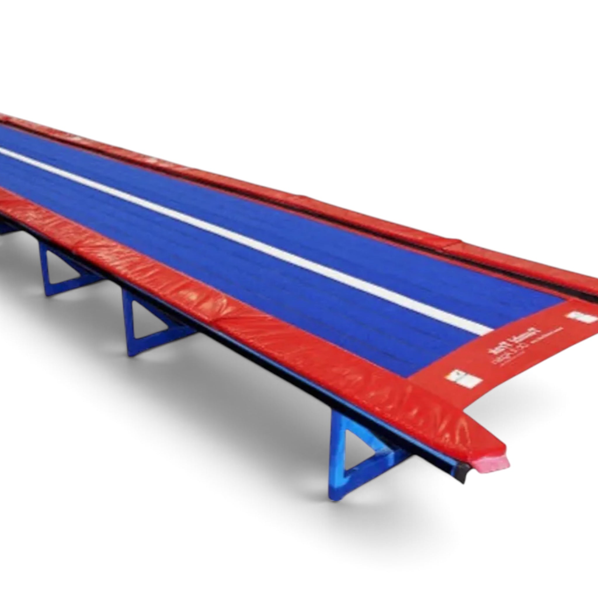 UK Gym Pits Tumbl Trak Transition with blue carpet surface, white center line, and red protective safety pads.