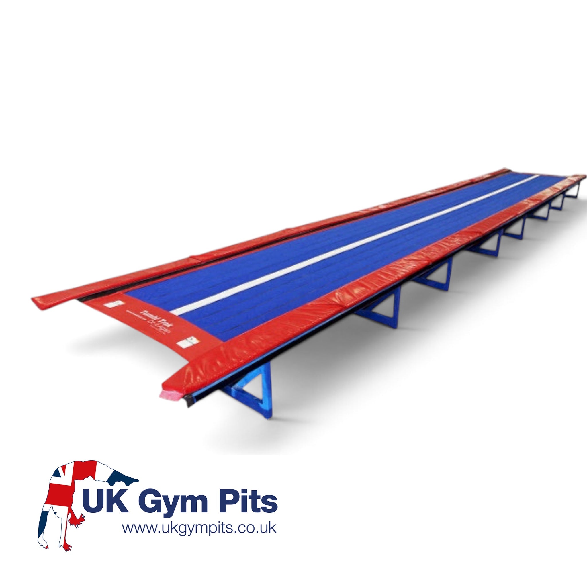 UK Gym Pits Tumbl Trak Transition with blue carpet-like surface, white center line, and red safety pads on a steel frame.