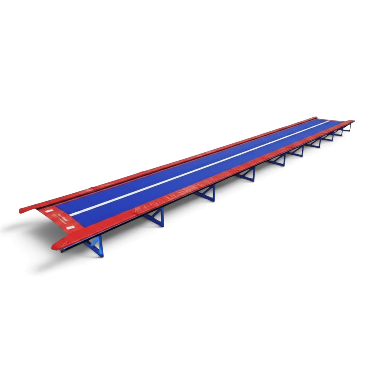 UK Gym Pits Tumbl Trak Transition with blue carpet surface, white center line, and red safety pads for gymnastics.