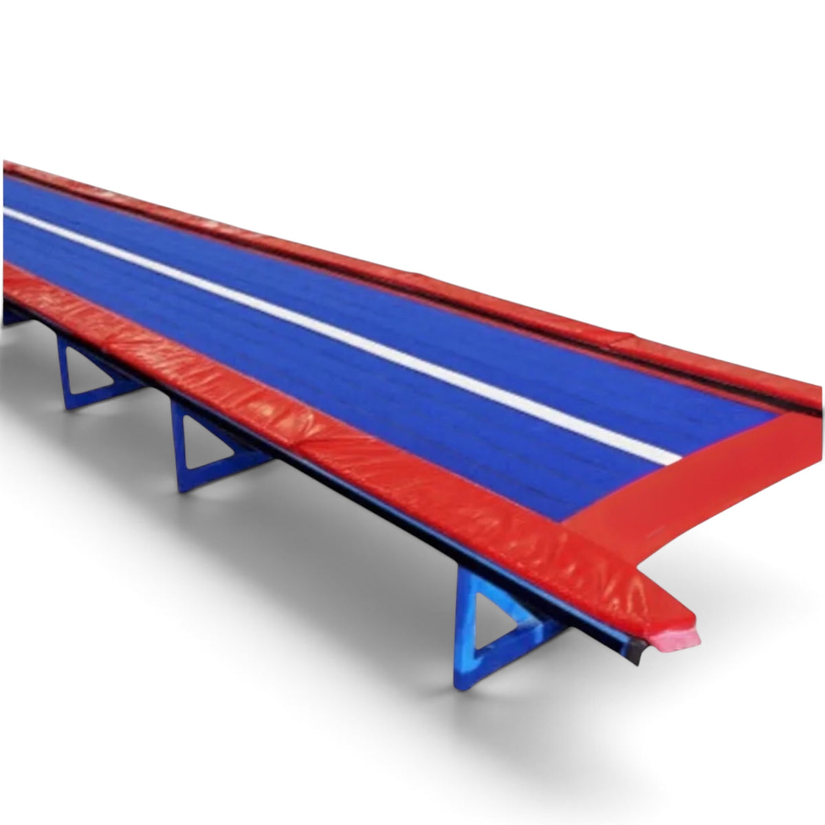 UK Gym Pits Tumbl Trak Transition with blue carpet-like bed, white center line, and red safety pads on a blue frame.