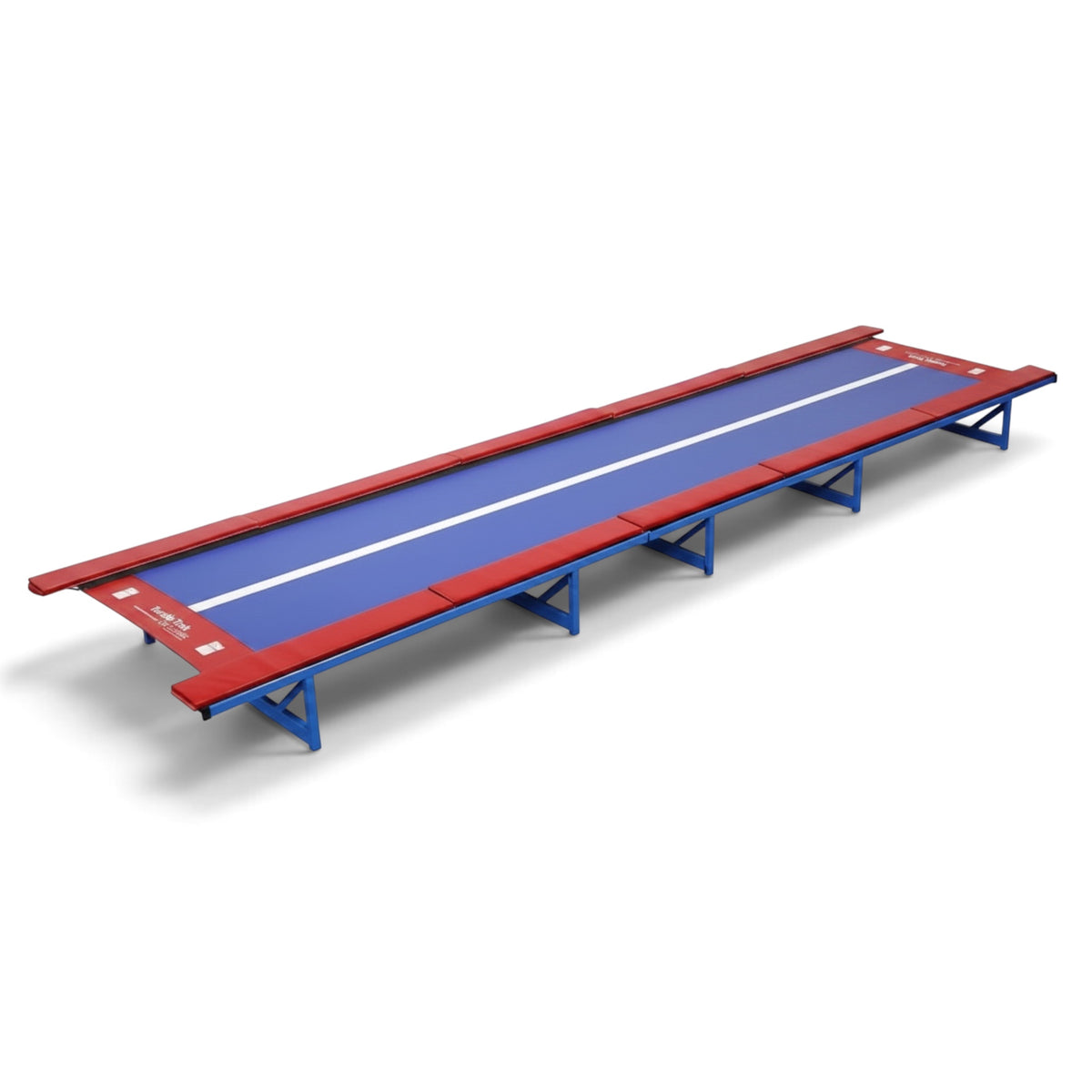 UK Gym Pits Tumbl Trak Xtreme with blue bed, white center line, and red safety pads on a royal blue steel frame.