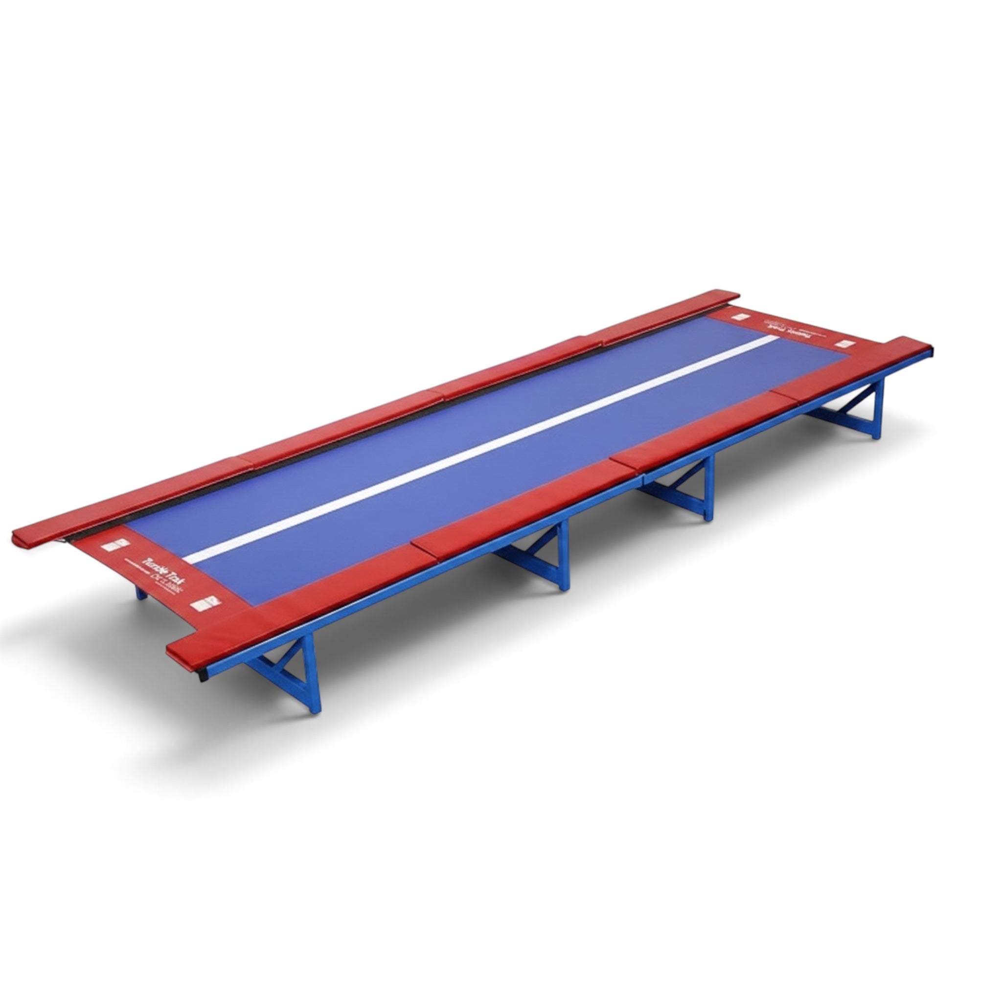 UK Gym Pits Tumbl Trak Xtreme gymnastics tumbling track with a blue bed, white center line, and red safety pads.