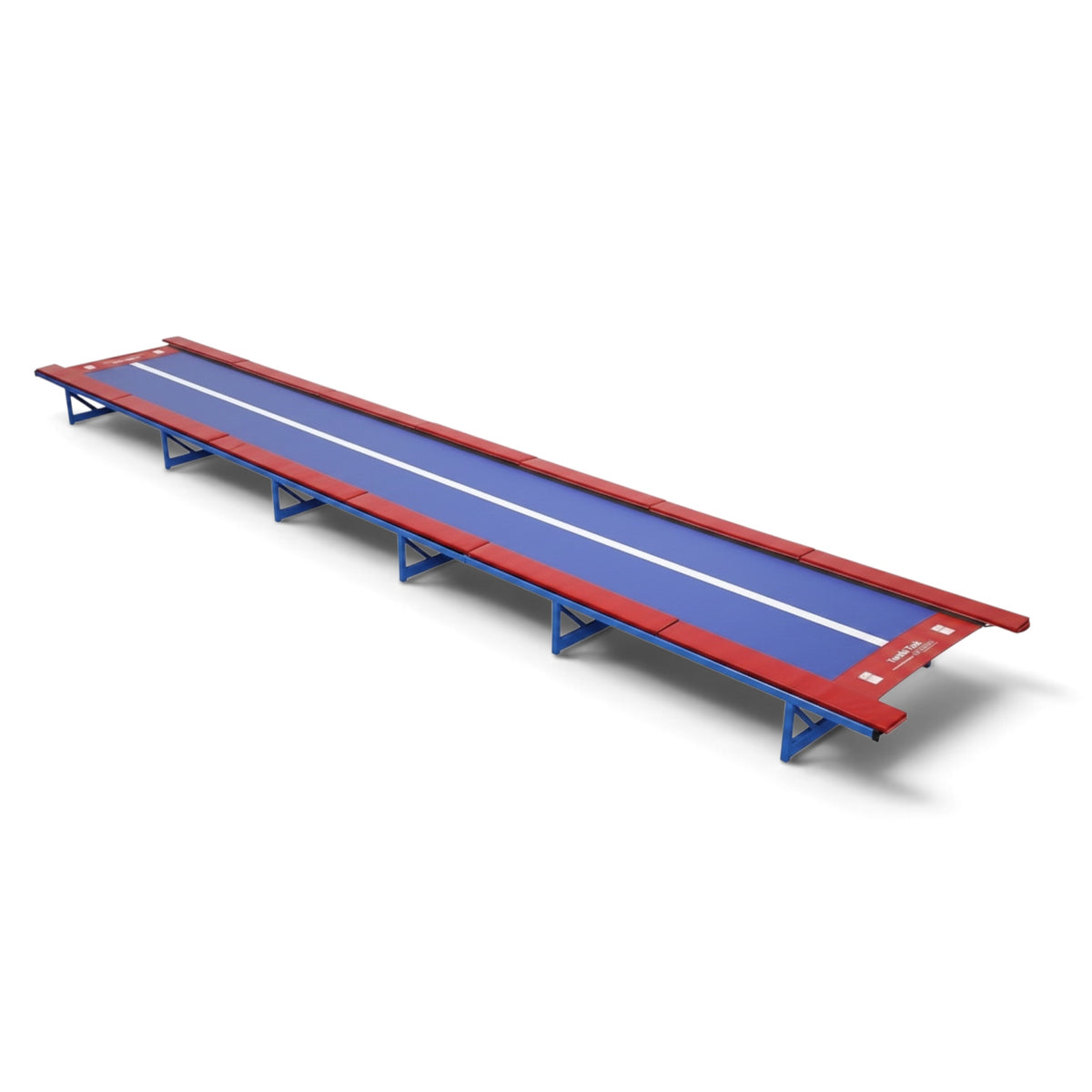 UK Gym Pits Tumbl Trak Xtreme with blue vinyl bed, white center line, and red safety pads on a steel frame