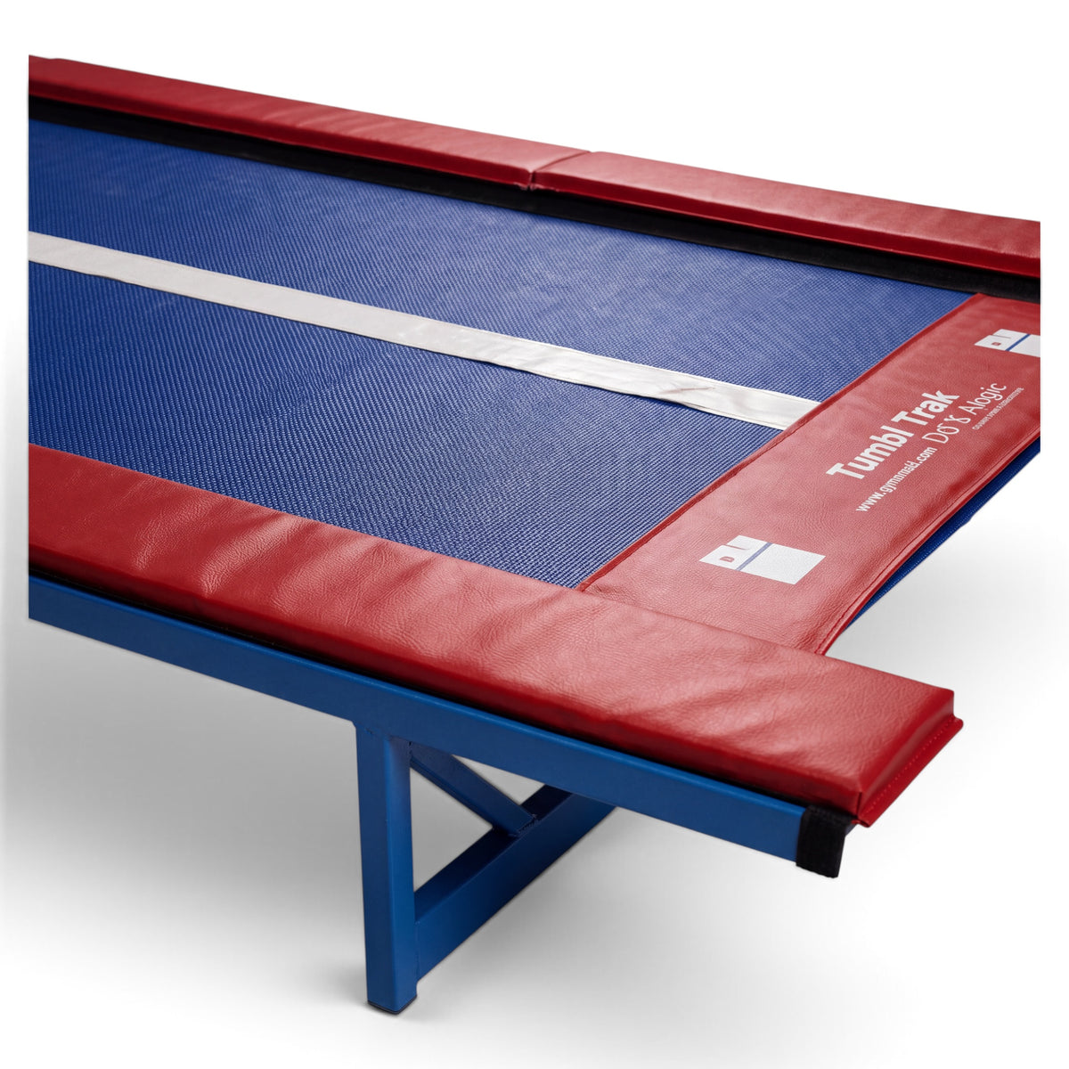 UK Gym Pits Tumbl Trak Xtreme with blue polypropylene bed, white center line, and protective red vinyl padding.