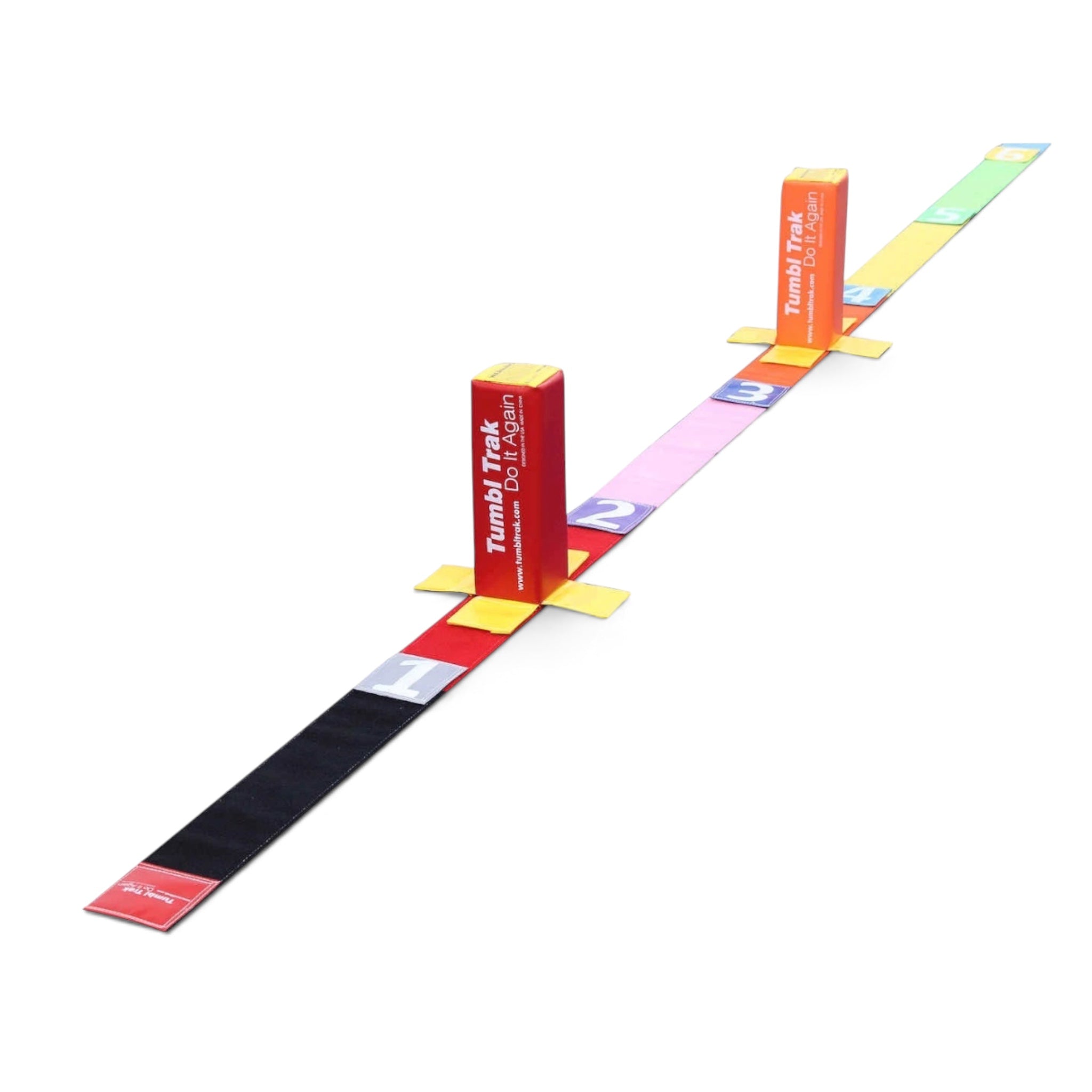 UK Gym Pits Tumble Straight Package with multi-coloured 6m tumble tape, Velcro numbers, and two foam fun sticks.