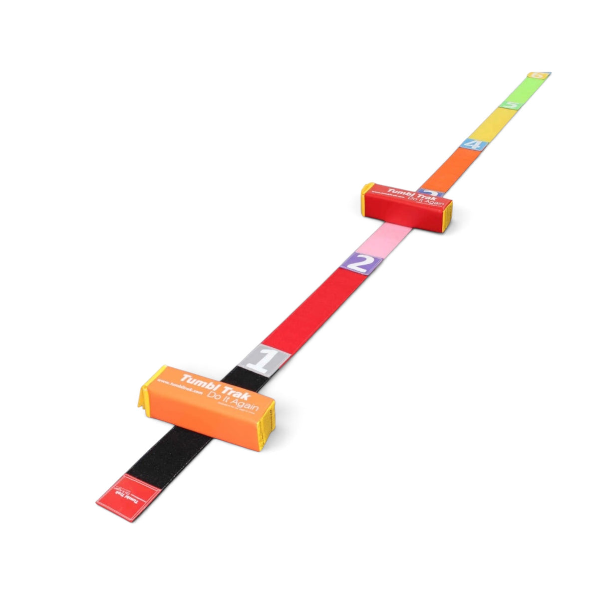 UK Gym Pits Tumble Straight Package with multi-coloured 6m tape, Velcro numbers, and two orange foam fun sticks.