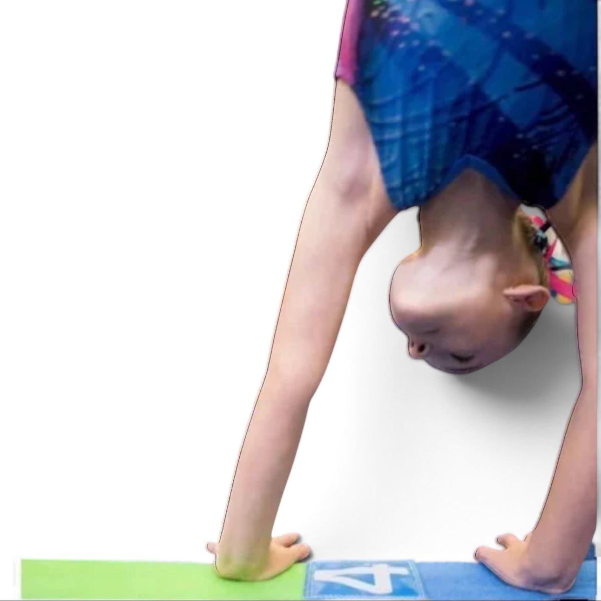 UK Gym Pits Tumble Straight Package with colourful tumble tape and numbered Velcro markers used by a young gymnast