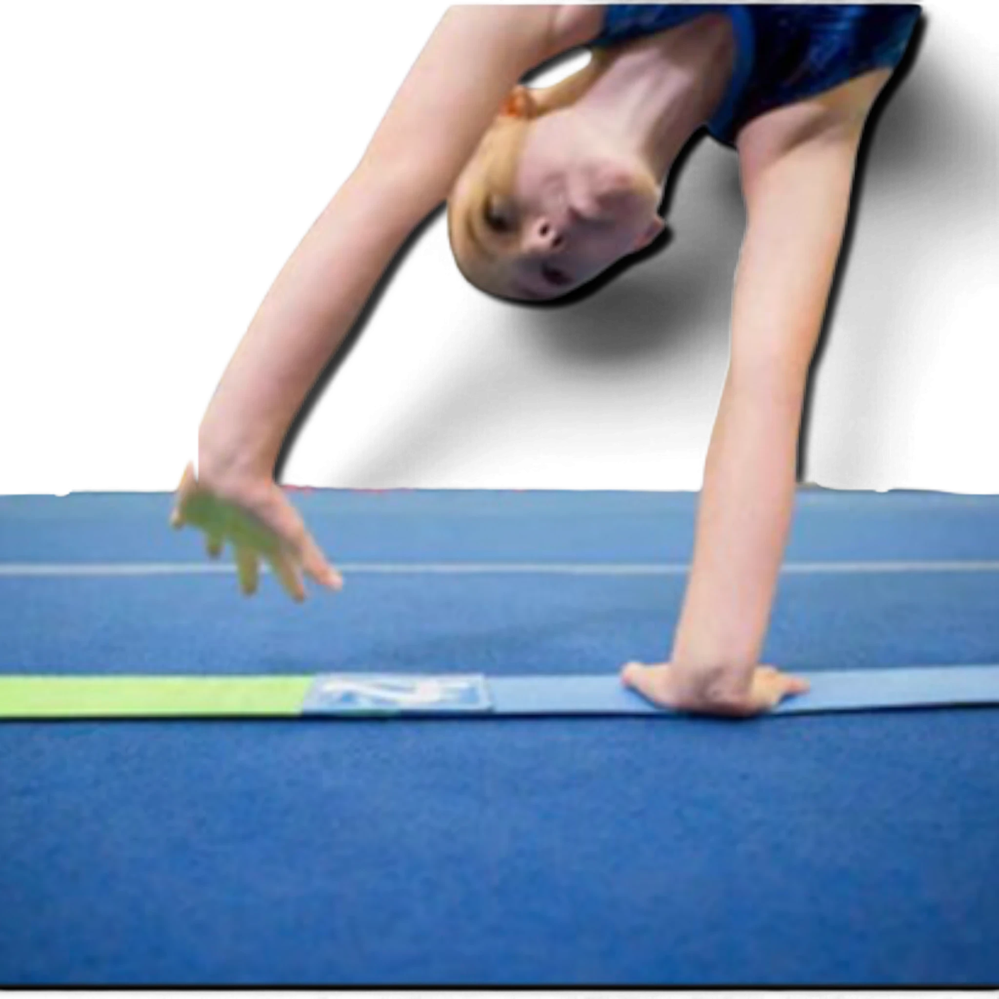 UK Gym Pits tumble straight package with multi-coloured tape and velcro number marker on a blue gymnastics mat