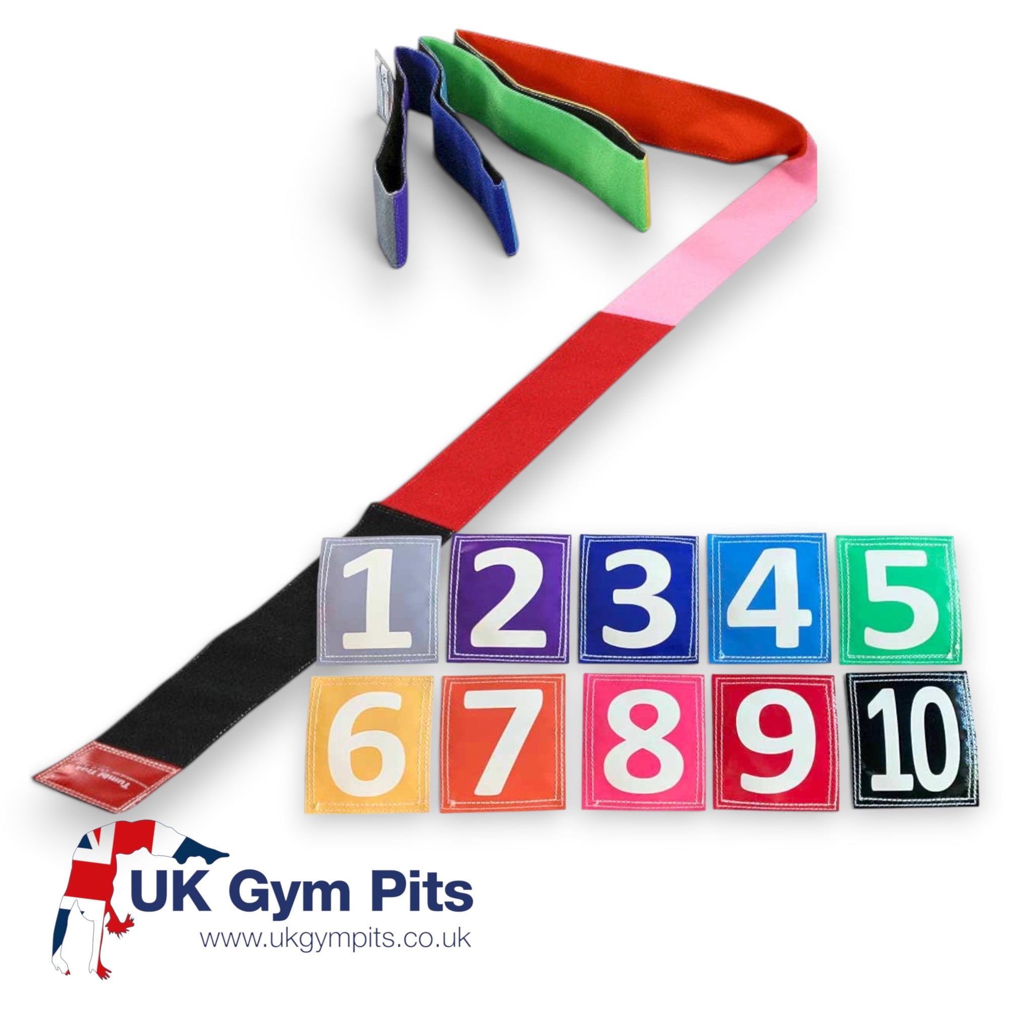 UK Gym Pits colourful 6m tumble tape with Velcro hook backing and a set of ten numbered Velcro square markers.