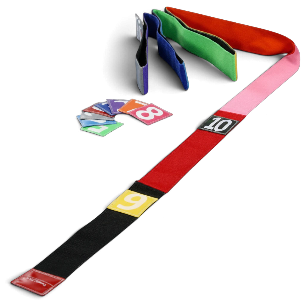 UK Gym Pits multi-coloured 6m tumble tape with Velcro hook backing and matching numbered Velcro markers on black background