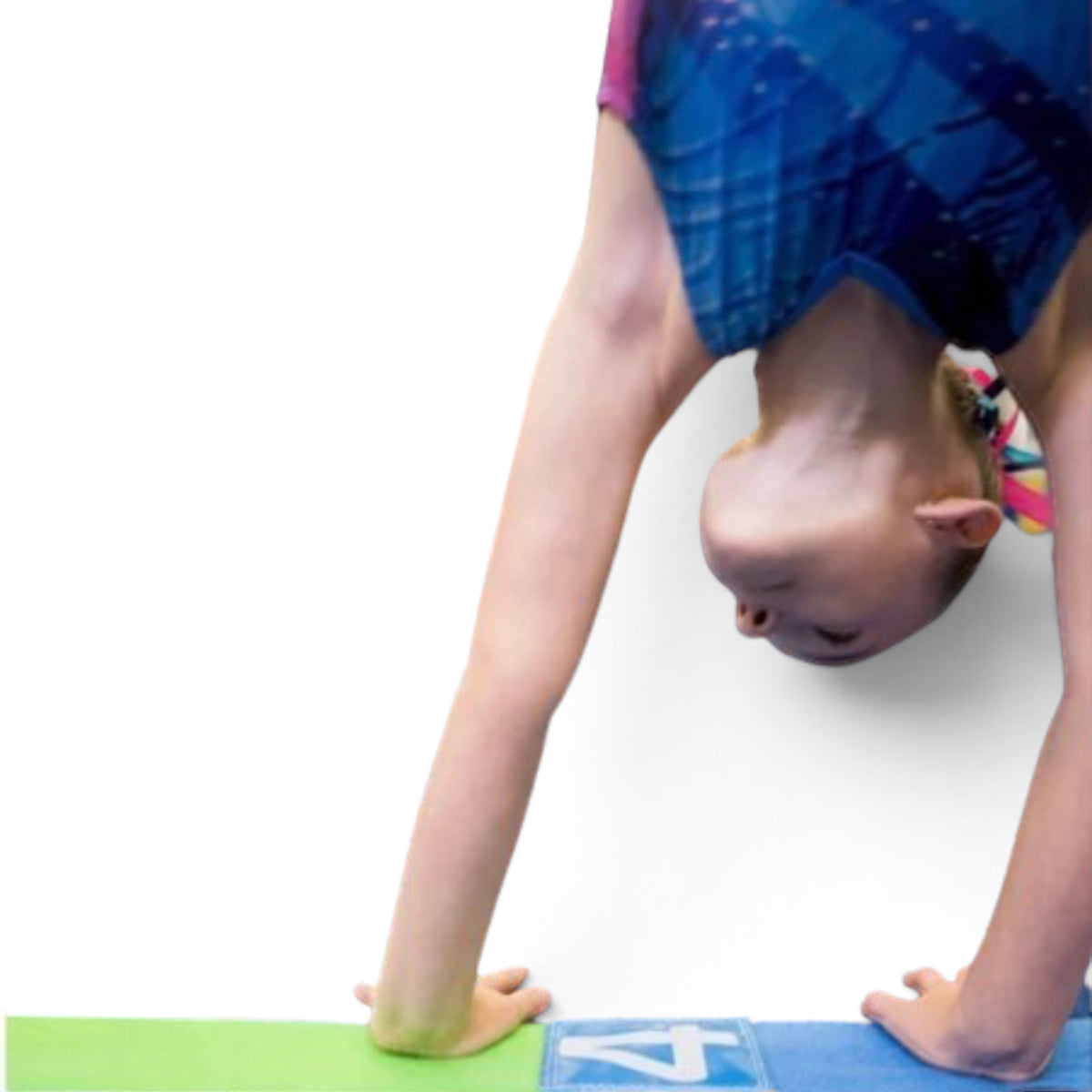 UK Gym Pits colourful tumble tape with Velcro number marker being used by a gymnast for hand placement training