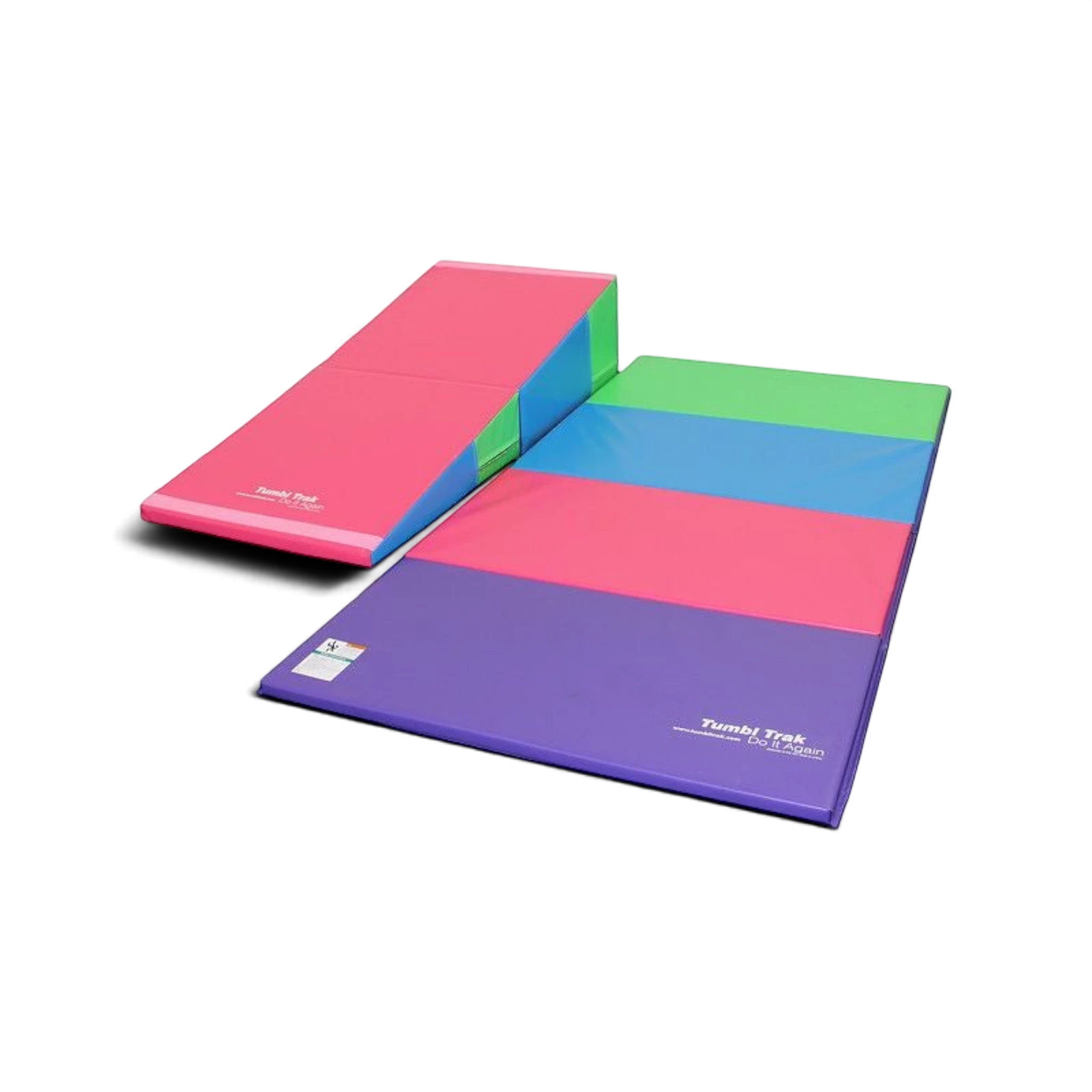 UK Gym Pits essential tumbling package featuring a pink folding incline mat and a multi-coloured folding panel mat.