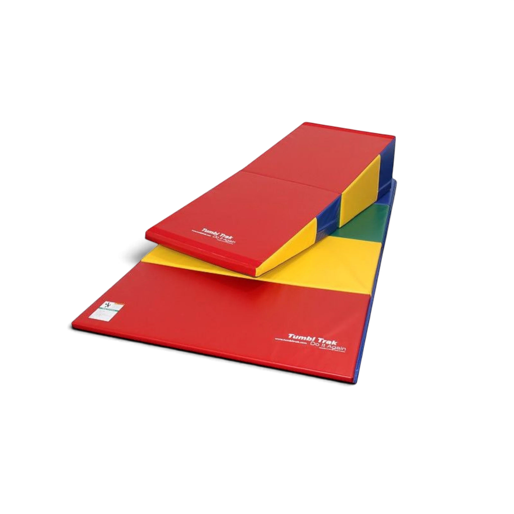 UK Gym Pits essential tumbling package featuring a red, yellow, and blue folding incline mat and a flat panel mat.
