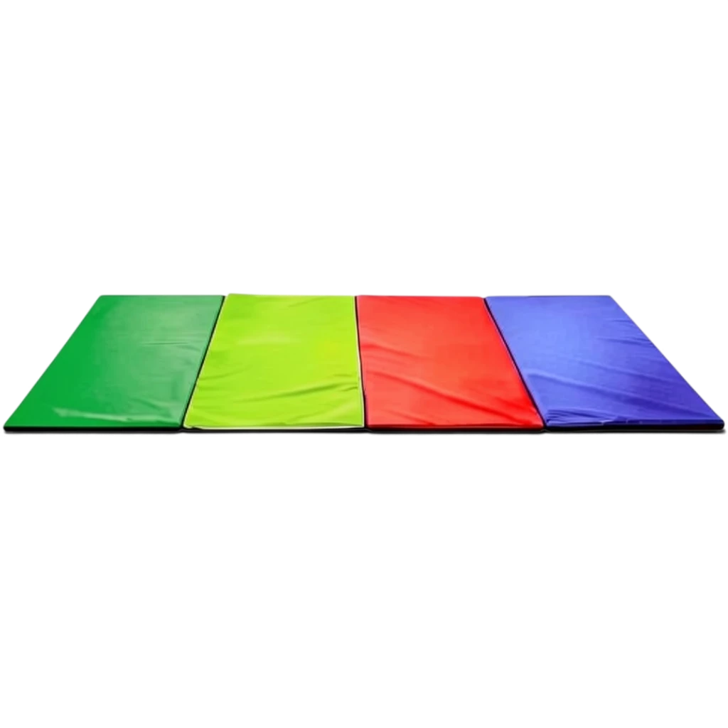 UK Gym Pits set of four multi-coloured tumbling play mats in green, lime, red, and blue with anti-slip bases.
