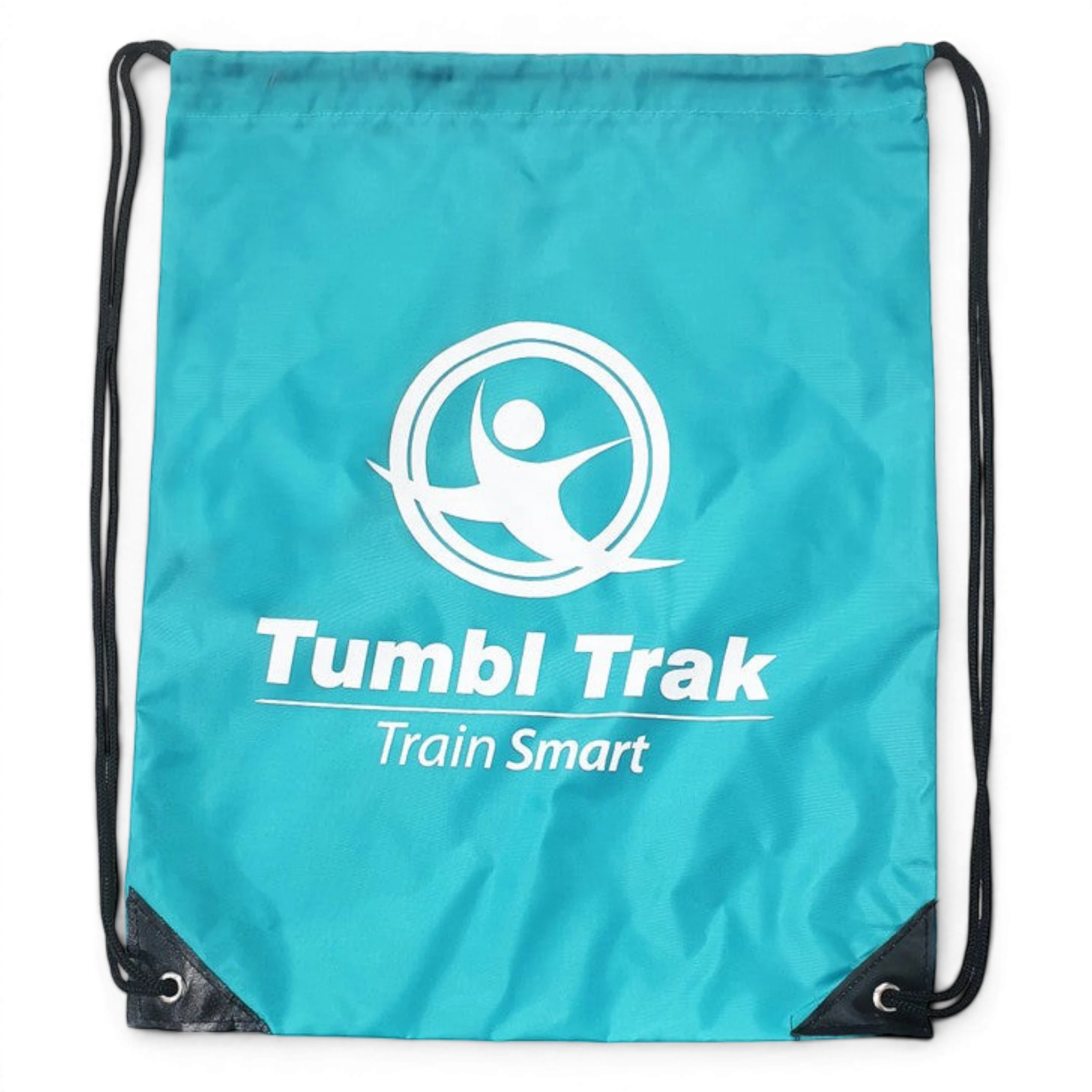UK Gym Pits turquoise drawstring gym bag with white Tumbl Trak logo for carrying gymnastics training equipment