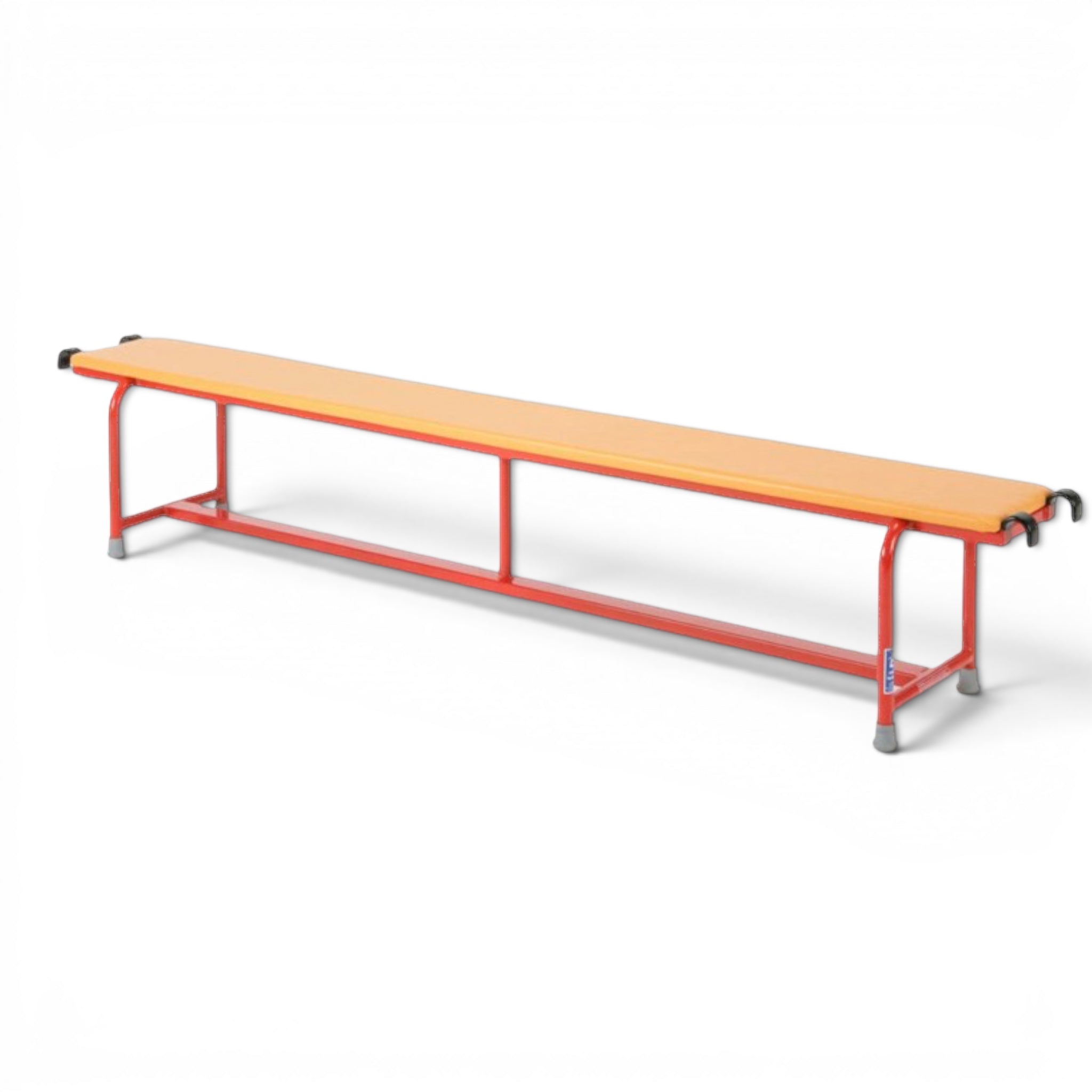 UK Gym Pits upholstered steel gymnastics bench with orange padded top and red frame for school agility training