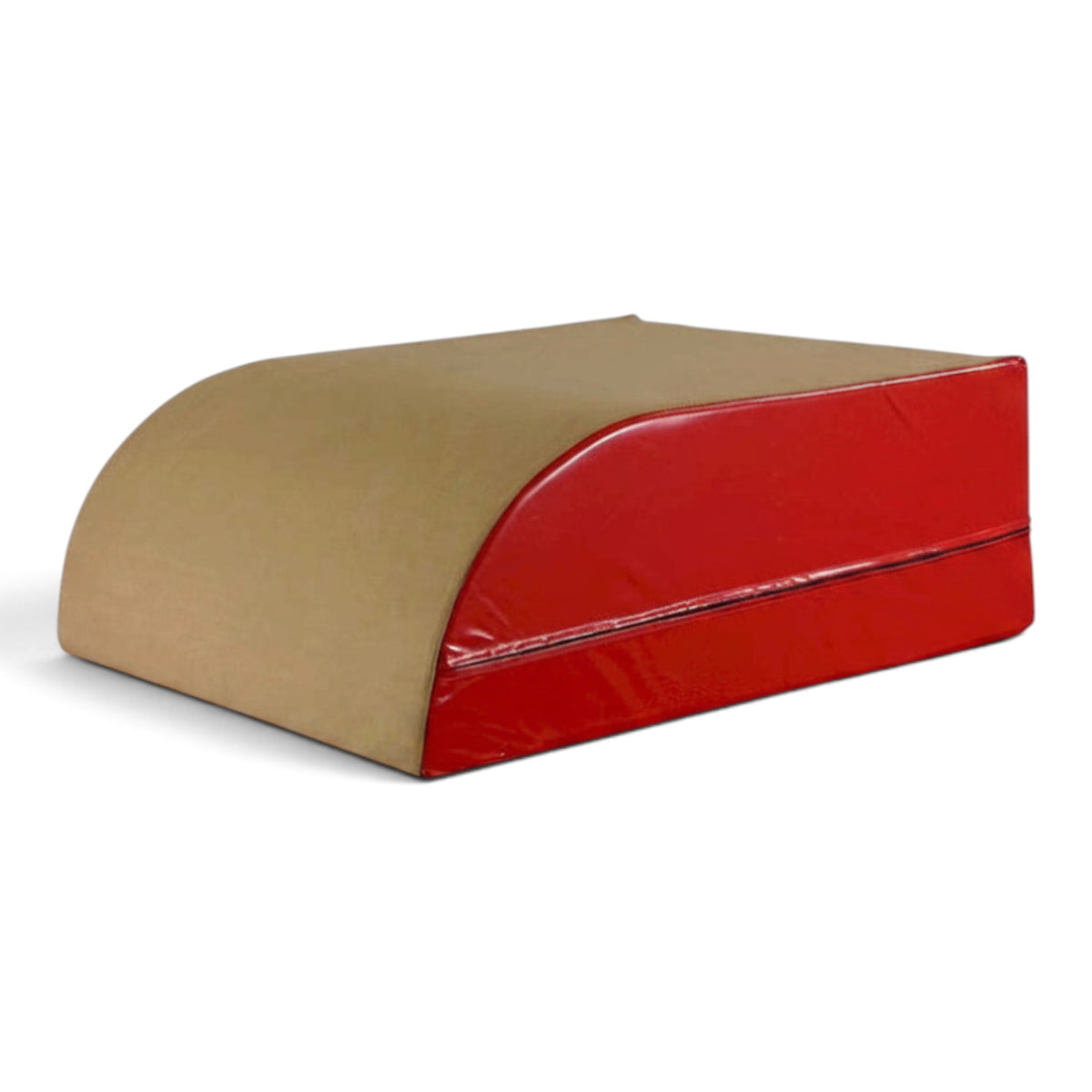 UK Gym Pits table top vault block with a tan synthetic suede top and red vinyl sides for gymnastics training