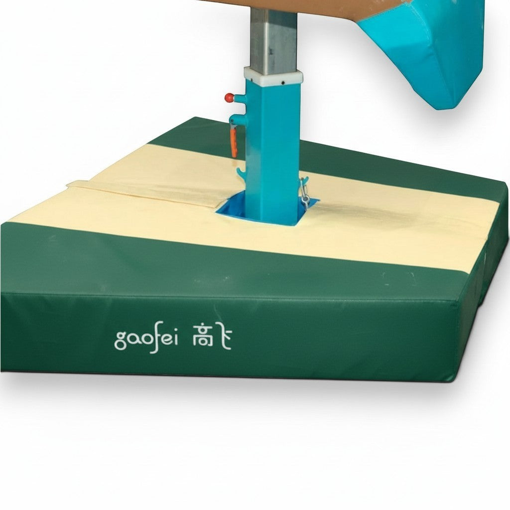 UK Gym Pits Gaofei vault table base safety mat in green and beige PVC vinyl with high-density foam padding