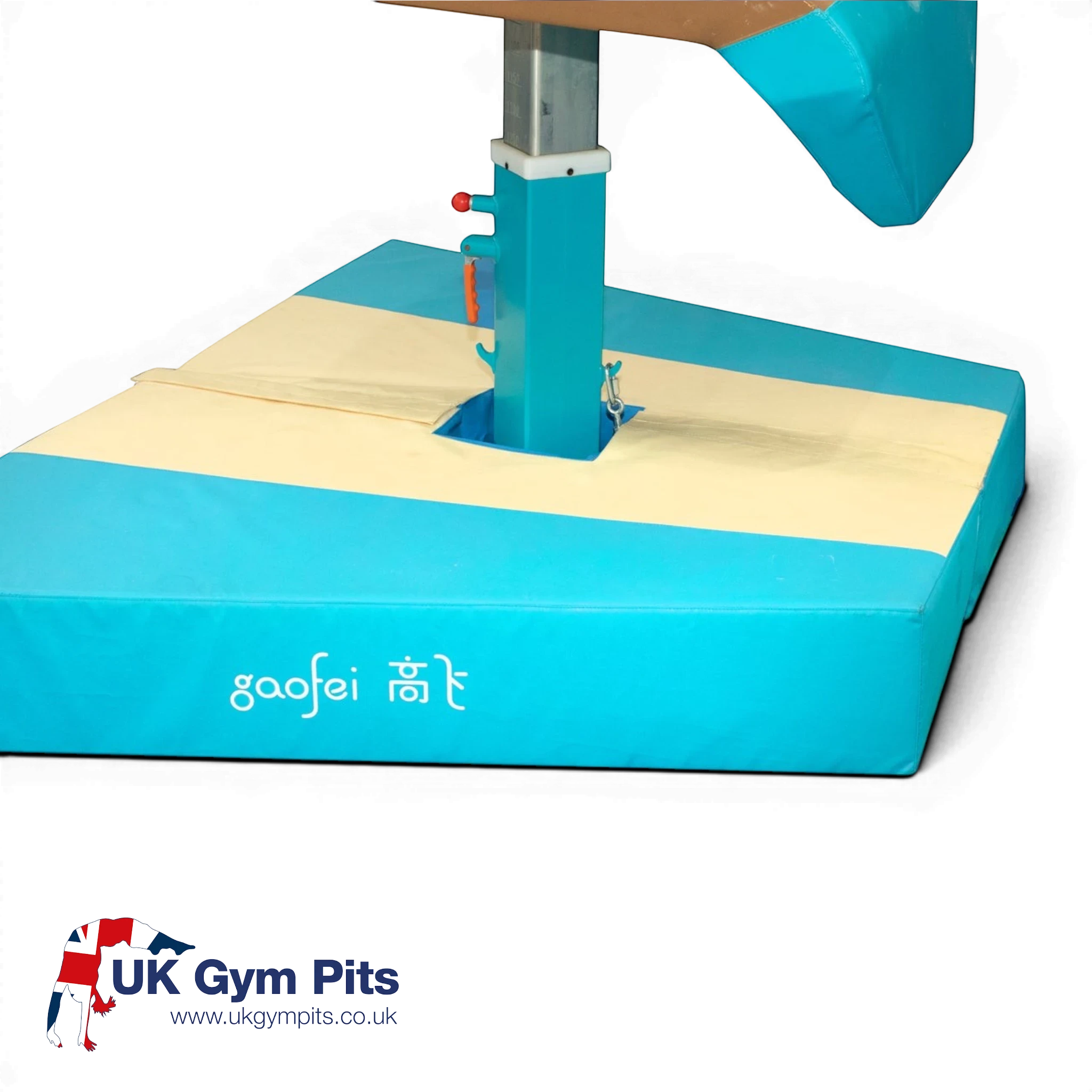 UK Gym Pits Gaofei vault table base safety mat in blue and cream PVC vinyl with Velcro sections for gymnastics safety