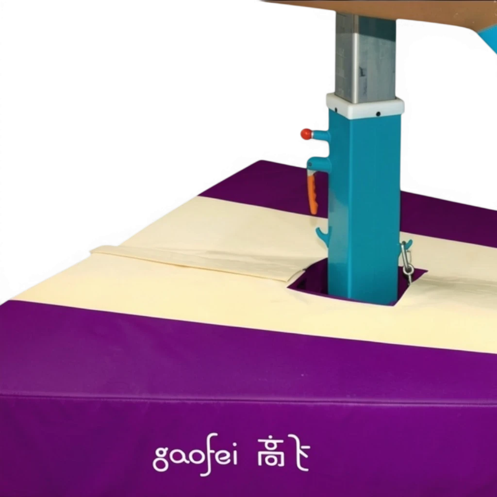 UK Gym Pits Gaofei vault table base safety mat in purple and white PVC vinyl with Velcro closure around a vault leg