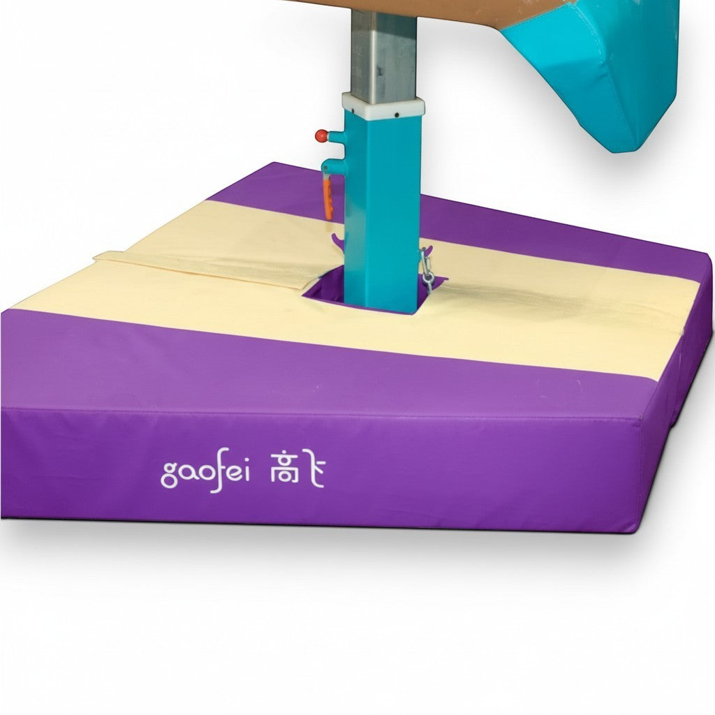 UK Gym Pits Gaofei vault table base safety mat in purple and cream PVC vinyl with high-density foam padding.