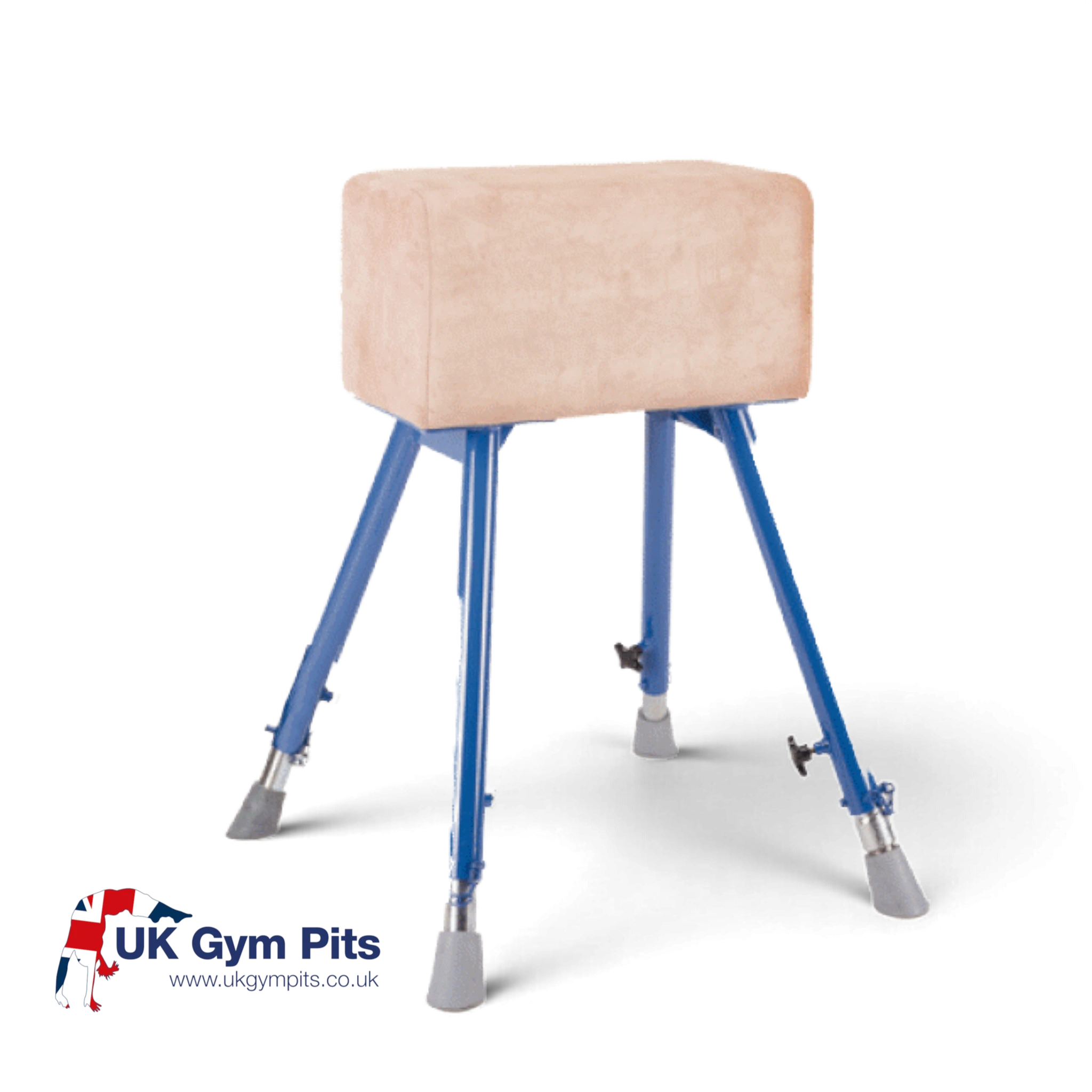 UK Gym Pits vaulting buck with natural hide padded top and adjustable blue powder-coated steel legs for gymnastics