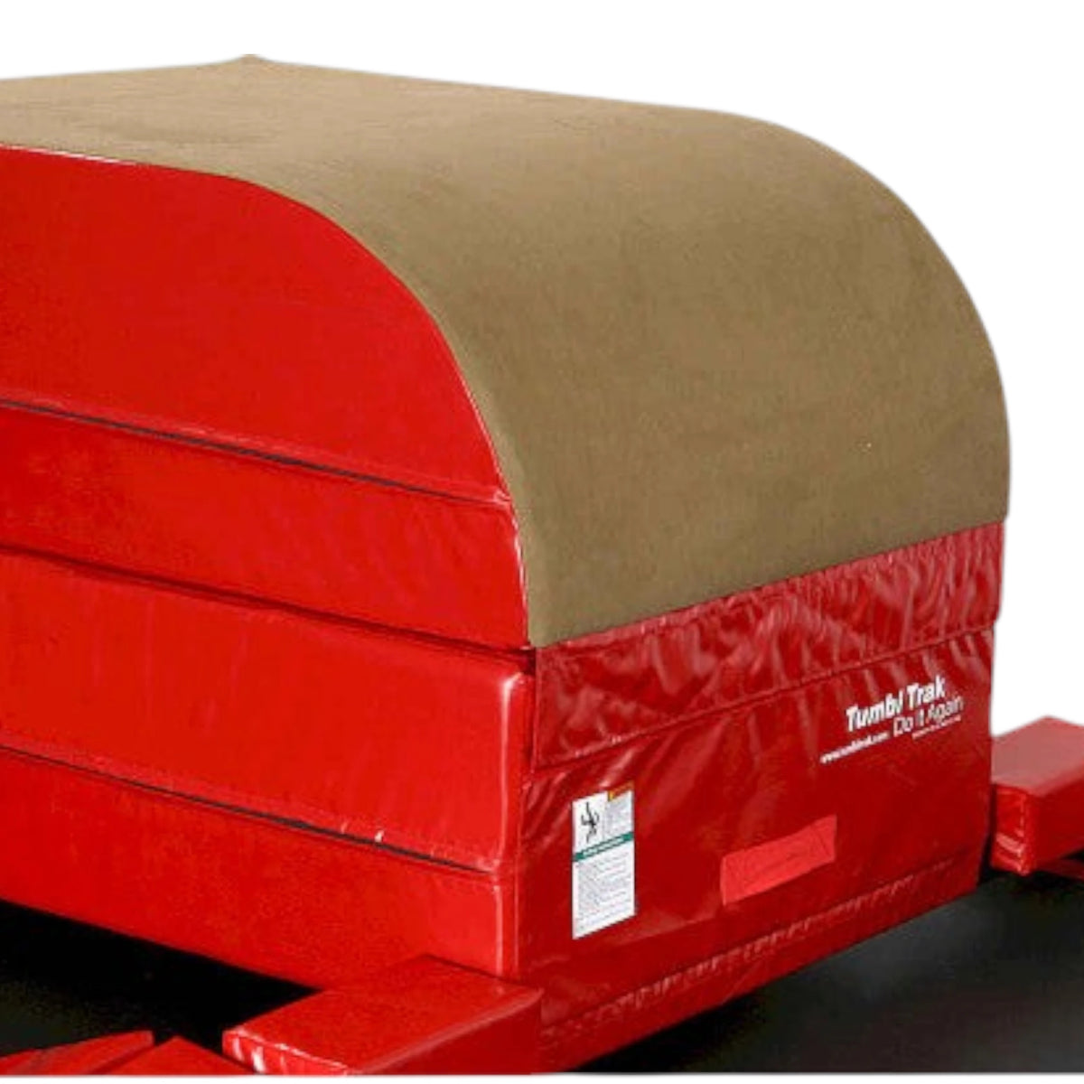UK Gym Pits cross supports with safety padding attached to a red and tan vaulting block for gymnastics training