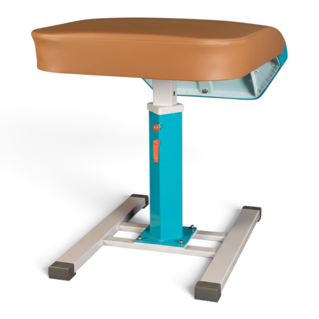 UK Gym Pits FIG approved vaulting table with tan leatherette top, teal frame, and adjustable steel base.
