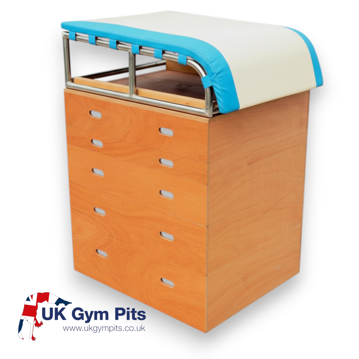 UK Gym Pits Gaofei height adjustable vaulting training table with wooden sections and blue and white foam top
