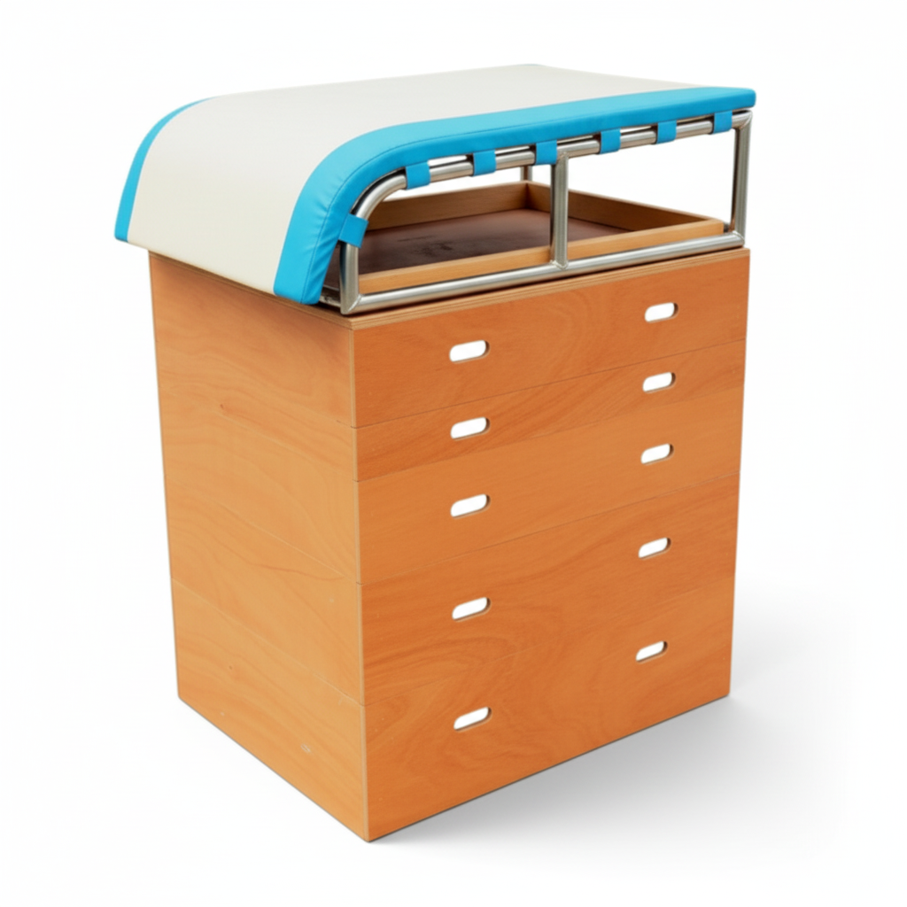 UK Gym Pits height-adjustable vaulting training table with wooden sections and a blue and white padded top